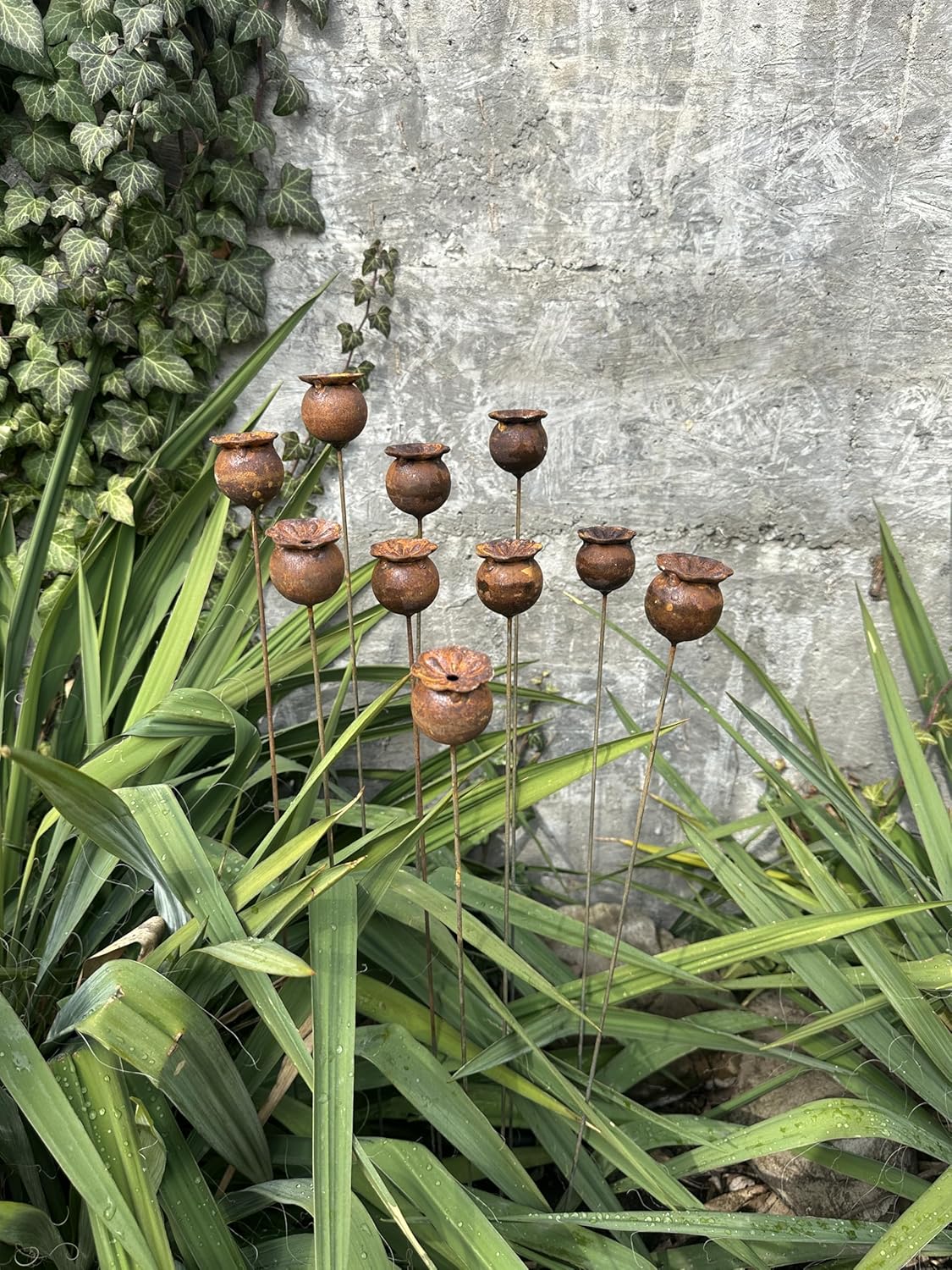 Rusty Flowers Set of 10, Poppy Seeds Head Garden Decor, Yard Art, Outdoor Metal Decor, Rusty Metal Garden Decor