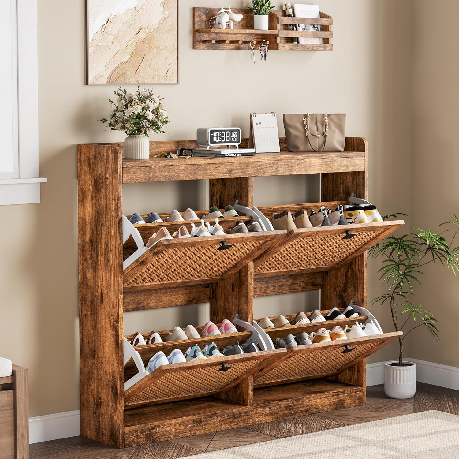 Garvee Shoe Storage Cabinet with 4 Deep Flip Drawers for Larger Shoes, Wood Shoe Cabinet with Rattan Doors and Adjustable Shelves - Freestanding Shoe Organizer for Entryway, Hallway