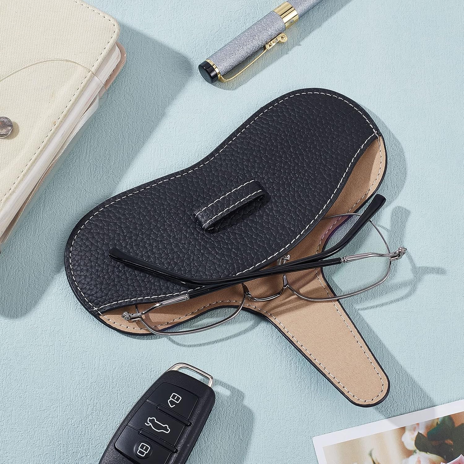 CREATCABIN Leather Glasses Case Portable Sunglasses Pouch Bag Soft Slim Squeeze Top Eyeglasses Holder Sleeve with Suede Fiber Cleaning Cloth for Women Men Black