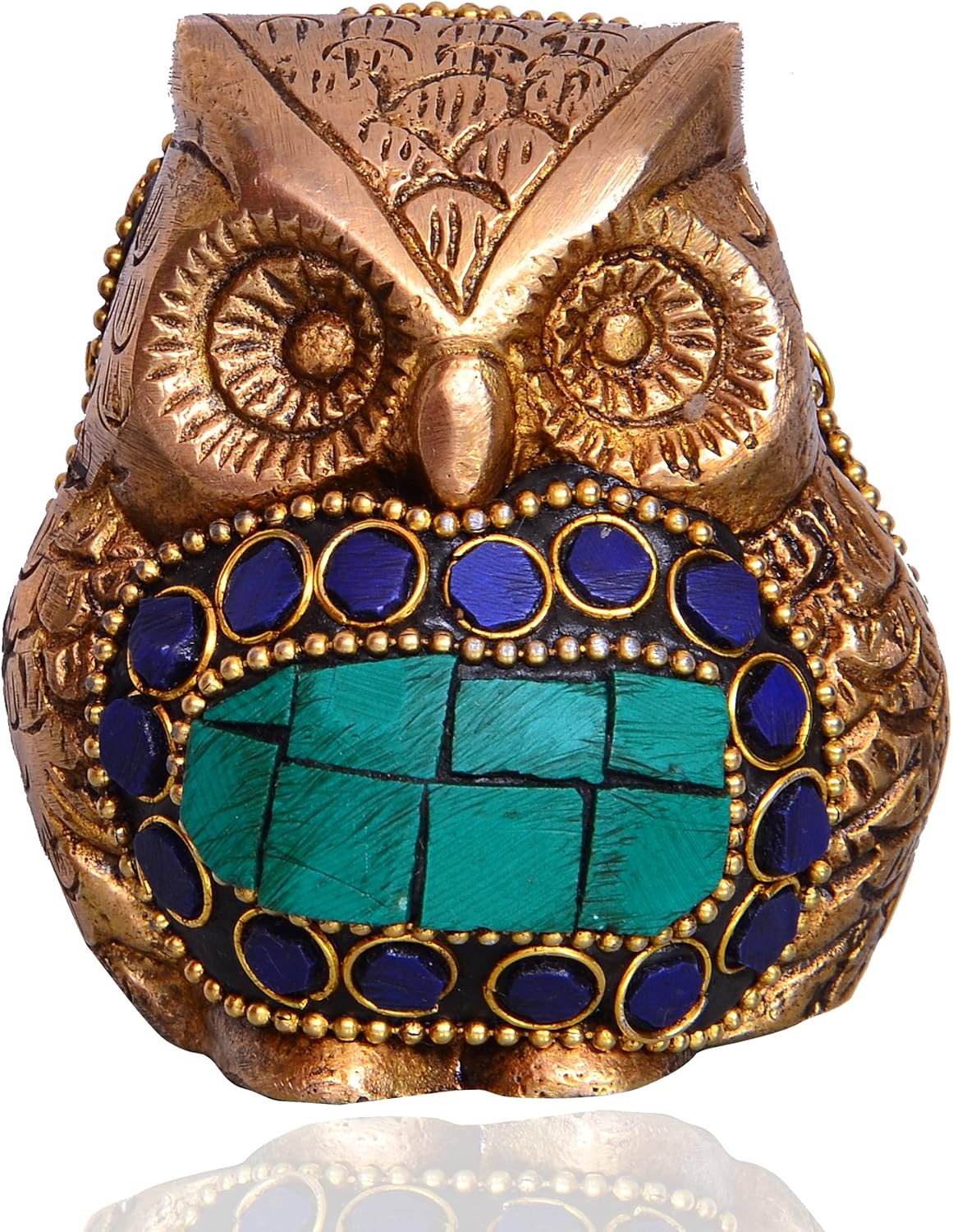 Purpledip Brass Statue 'Mighty Owl': Decorative Showpiece with Beads and Colourful Gemstones (10530)