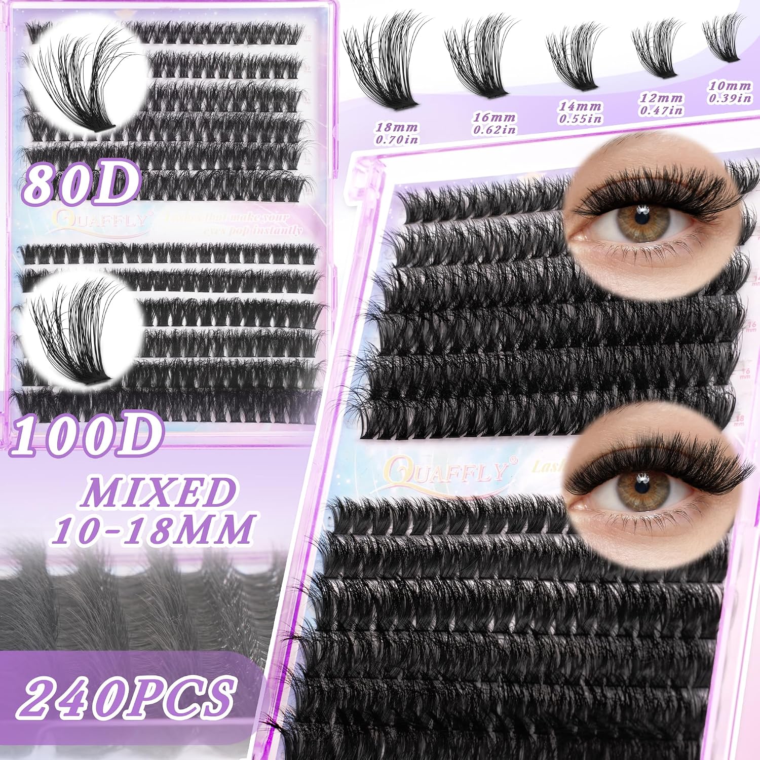 Lash Clusters Kit 3D Volume 80D+100D+150D+Spikes+Bottom Cluster Lashes Extensions Kit with Lash Bond and Seal |Tweezers |Eyebrow Brush (80D+100D+150D-10-18MIX) image 3