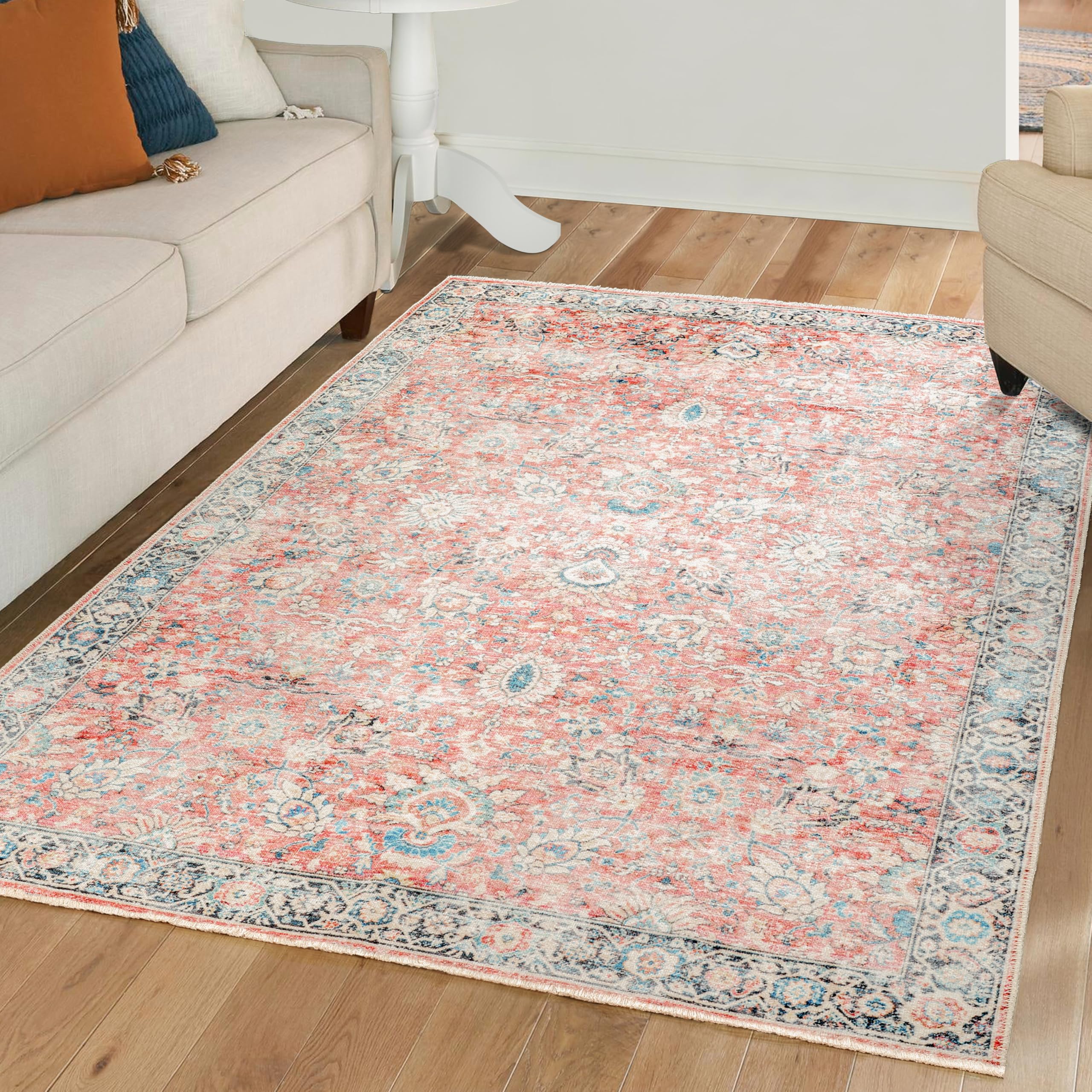 Luria Rugs Machine Washable 6'6" x 9' Non-Slip Medium Area Rug for Living Room, Bedroom, Dining Room - Vintage Floral, Aria Collection (Light Red/Blue