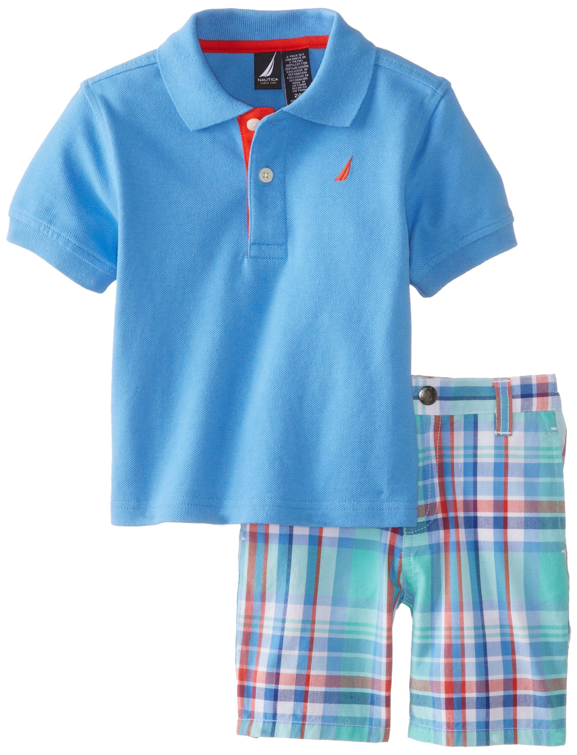 Nautica Boys' 2 Piece Pique Solid Polo with Plaid Short