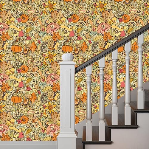 Miniatura 5 de Papel tapiz para despegar y pegar, estilo bohemio, marrón, Día de Acción de Gracias, retro, decoración de pared para baño, mural extraíble de 17.7