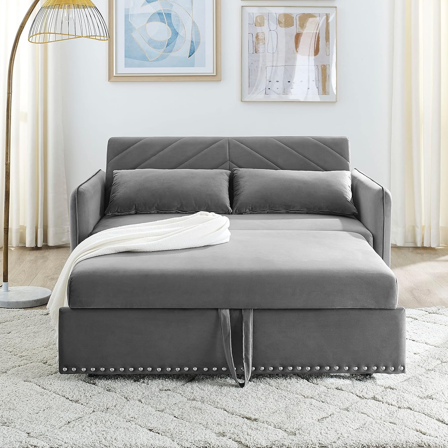 Goohome 55" Loveseat Sofa Couch with Pull Out Bed, 3 in 1 Convertible Velvet Sleeper Sofa Bed with USB Ports, & 2 Soft Pillows,Loveseat Futon Couch for Apartment, Office, Living Room