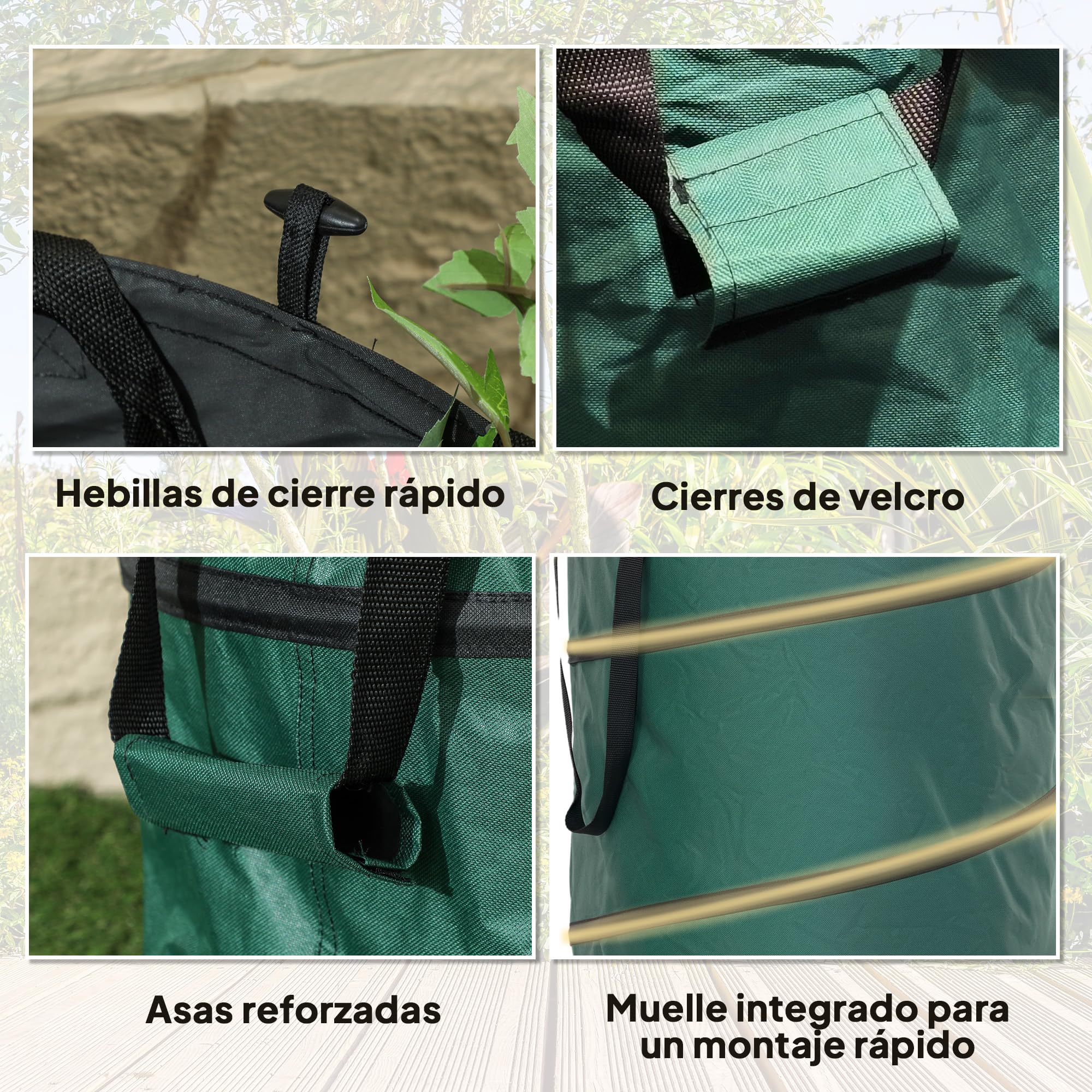 Outsunny Set de 4 Bolsas de Basura de Jardín 86L Resistentes con Asas y Botones de Fijación Bolsas para Residuos Pop-Up Plegables Reutilizables