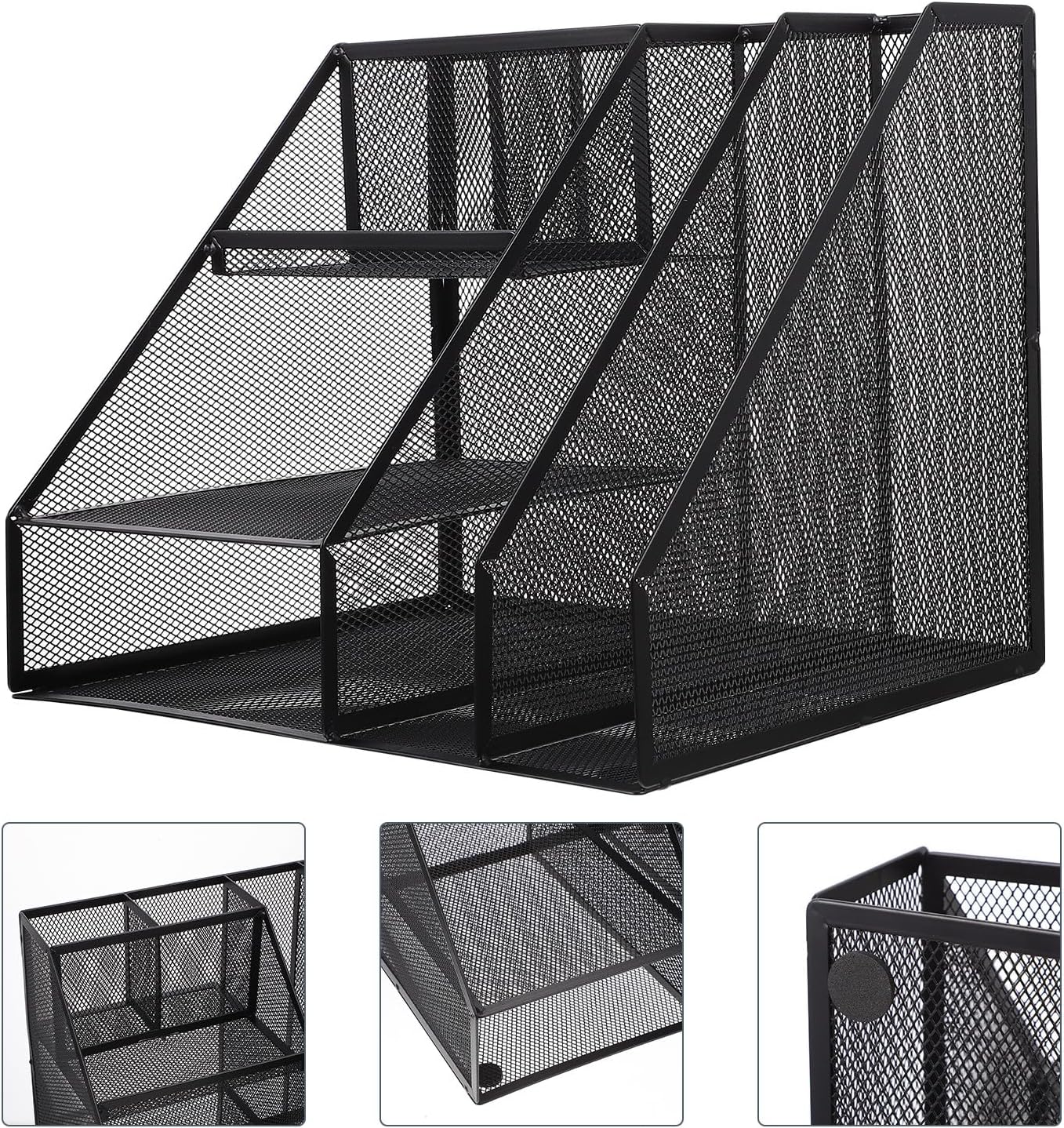 SECFOU Multifunction Metal File Rack Desktop Organizer Black Multi-compartment Office Document Storage Shelf for Workspace and Home Office