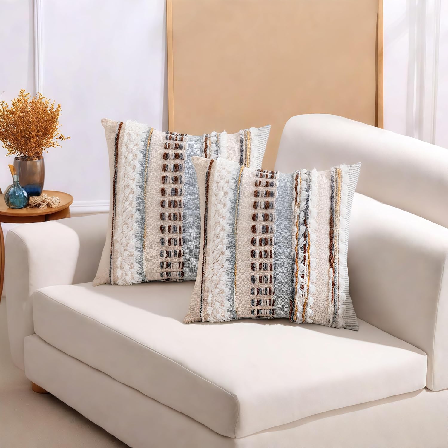 Emvency Boho Throw Pillow Covers 18x18 Inches Set of 2, Light Blue Chenille Tufted Farmhouse Striped Chic Modern Art Square Decorative Couch Pillowcases for Home Decor Bedroom Sofa Living Room
