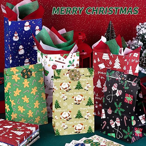 Miniatura 5 de MIMIND 72 bolsas de papel de regalo de Navidad de 9.4 x 5 x 3 pulgadas, 6 bolsas de papel kraft con 6 calcomanías de estilo y papel de seda de 3