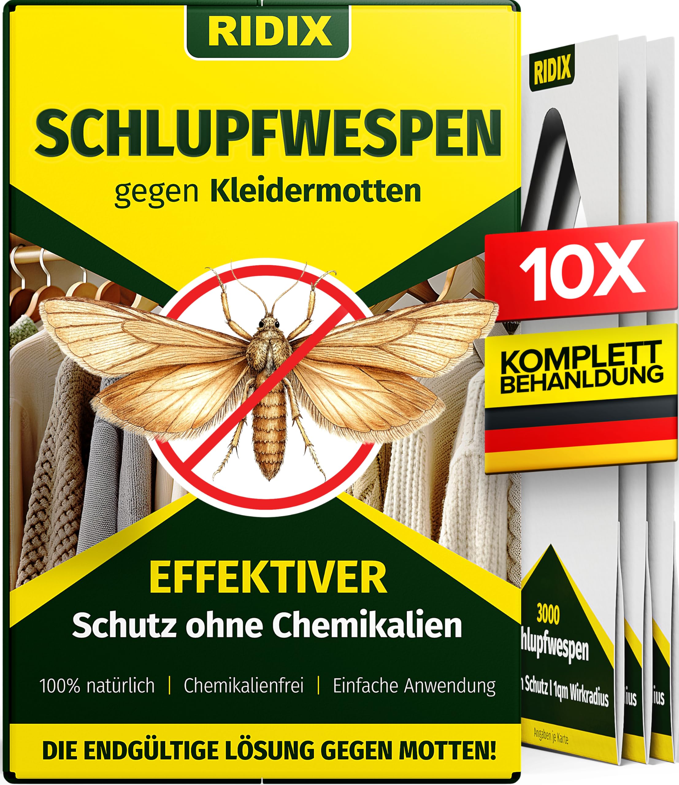 Ridix® Schlupfwespen gegen Kleidermotten [5 Lieferungen mit je 2 Karten = 10 Karten] - Schlupfwespen gegen Motten als biologische Lösung frei von Chemie - Schlupfwespen Kleidermotten