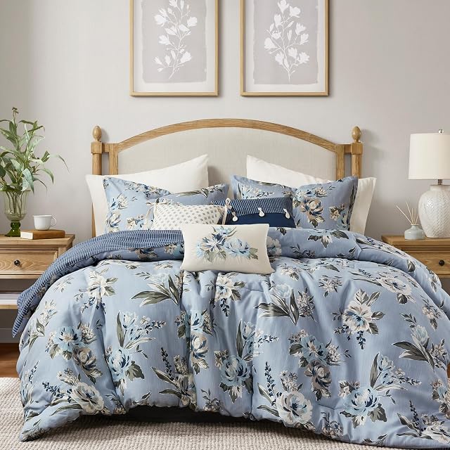 Madison Park Madison Park Reversible Vintage Floral Comforter Set, 7PC King Bedding Set | All Season Down Alternative, with Comforter, Shams, Bed Skirt, Decorative Pillows, Blue, Blue, King