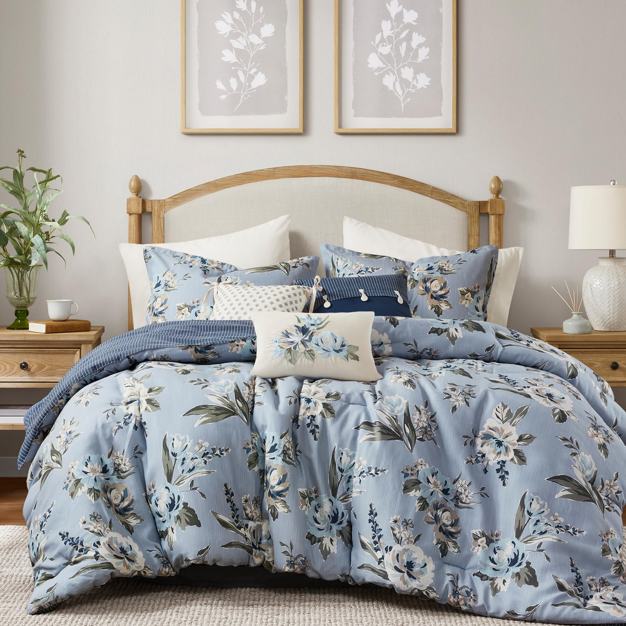 Madison Park Cal King Comforter Set Vintage Floral Reversible Comforters Cal King Size Bed, All Season Bedding Cal King Size Comforter, Bedskirt, Pillows, Shams, Salara, Cal King Blue 7 Piece
