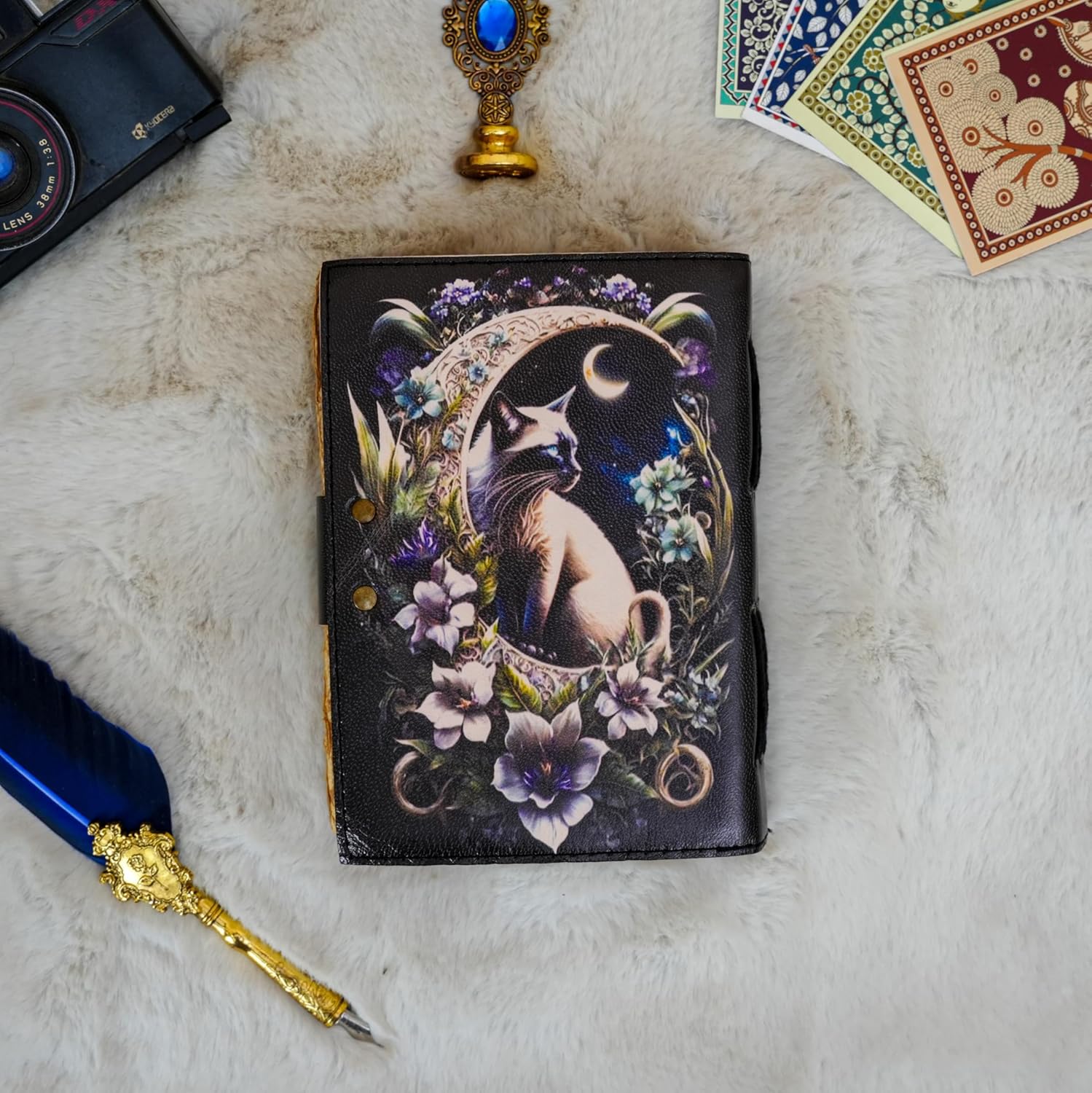 Blank Spell Book of Shadows Journal Little Witch Cat Printed Witchcraft Supplies Wiccan Notebook Handmade Vintage Deckle Paper Grimoire Journal Leather Sketchbook, Drawing Journal (7 X 5)
