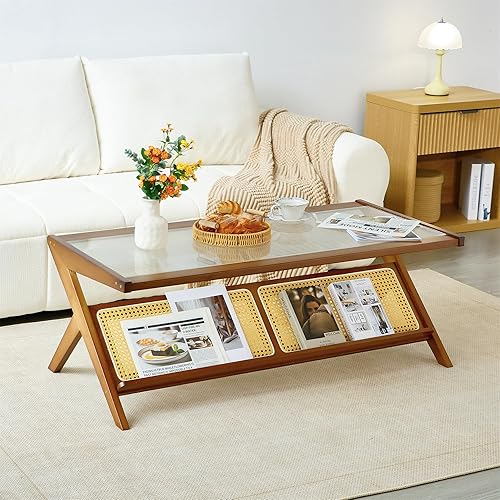 Miniatura 5 de Mesa de centro de bambú, mesa de centro de ratán con parte superior de vidrio, mesas centrales de madera de mediados de siglo, modernas mesas de té