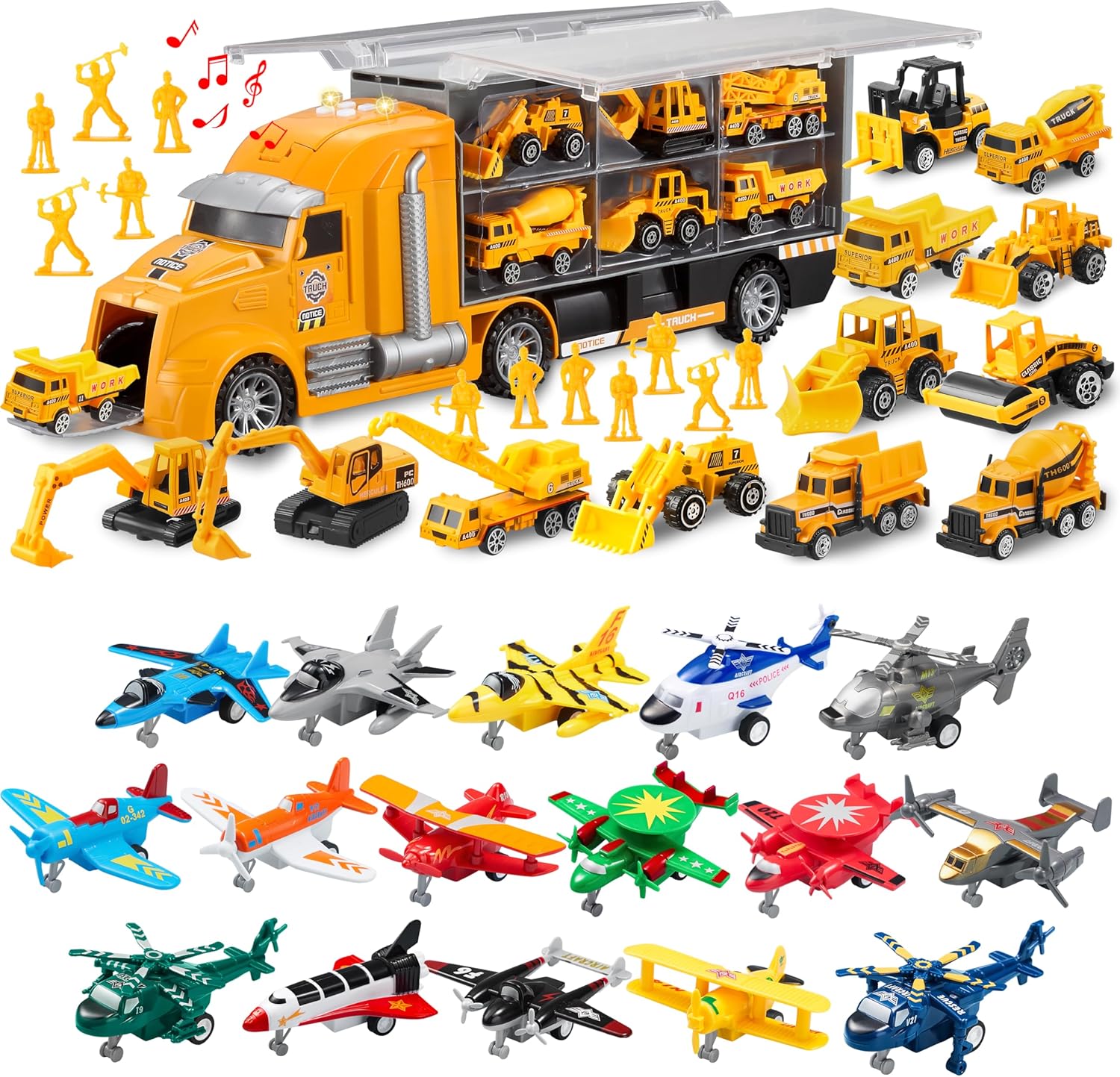 JOYIN 25pcs Die-cast Construction Play Vehicle Set with 16 Pcs Pull Back Airplane Toys, Carrier Truck with Sounds and Lights, Birthday Gifts for Over 3 Years Old Boys