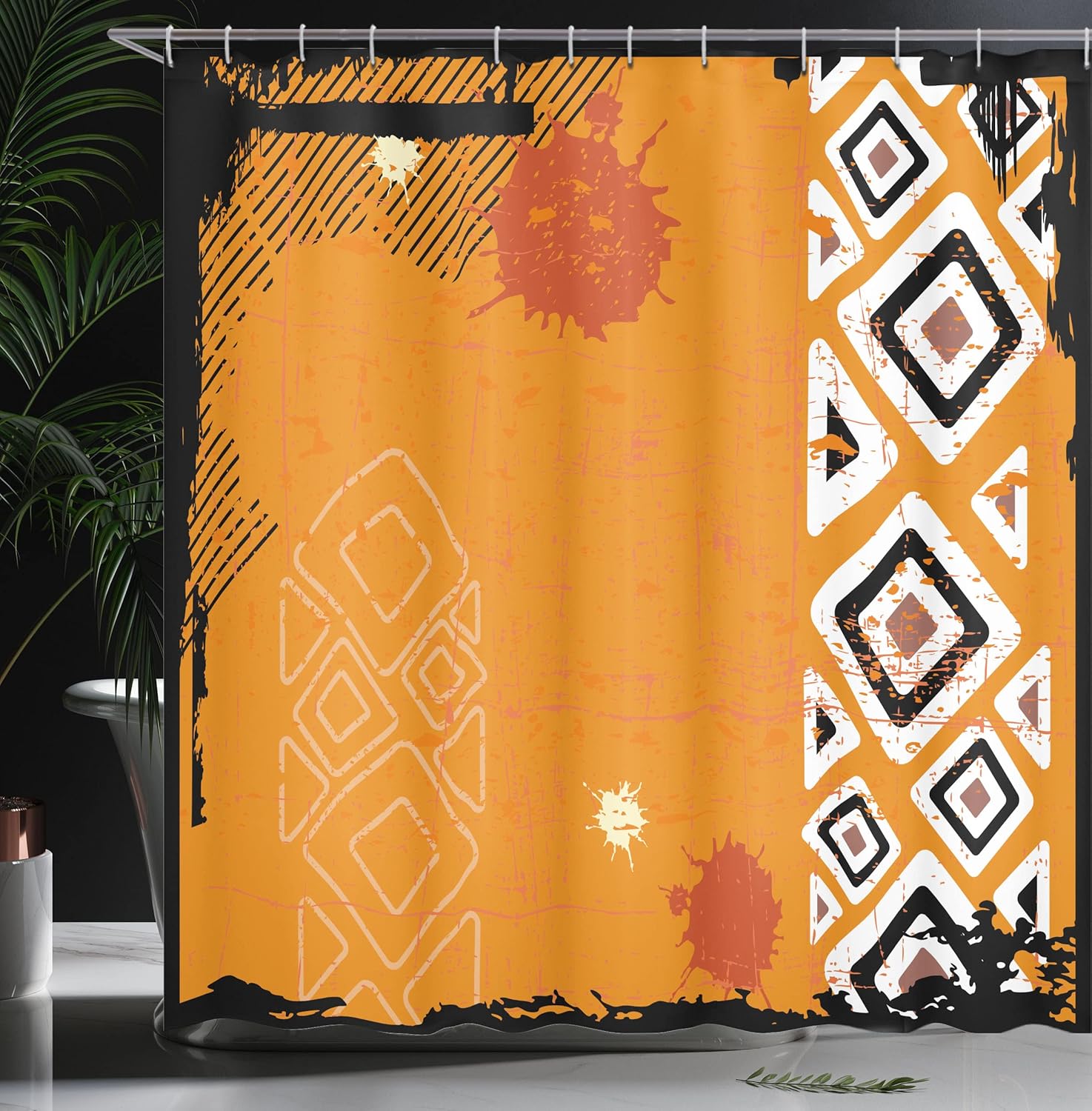 Ambesonne Tribal Shower Curtain, Design Bold Lines Geometric Triangles Art Image, Cloth Fabric Bathroom Decor Set with Hooks, 69" W x 70" L, Black Orange and White