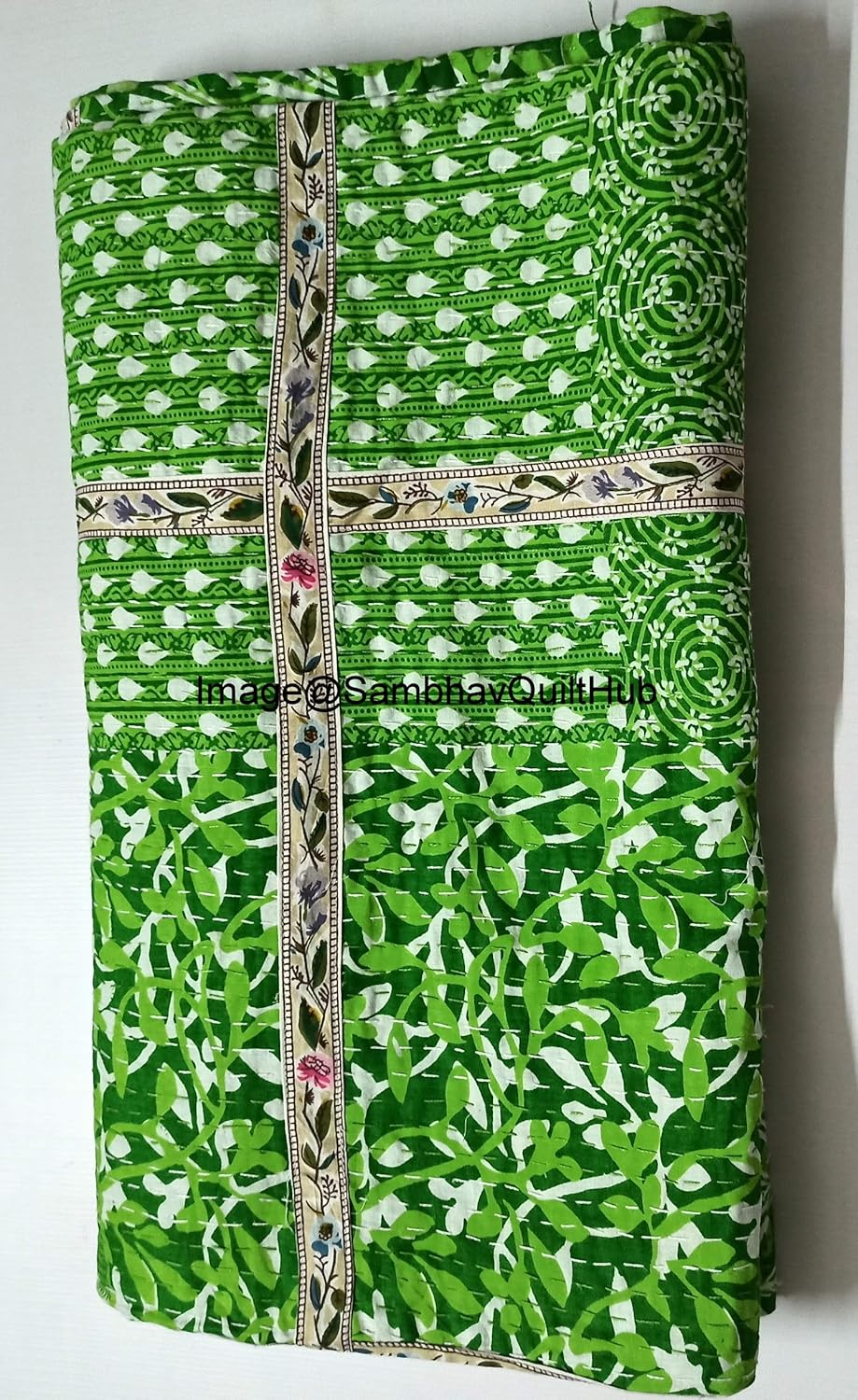 Green Indigo Print Less Cotton Handmade Handblock Quilted Blanket Indian Cottodspread Kantha Indigo Print Work Bohemian Bed Decor Block Throw Blanket Twin/King/Queen (60X90 inch)