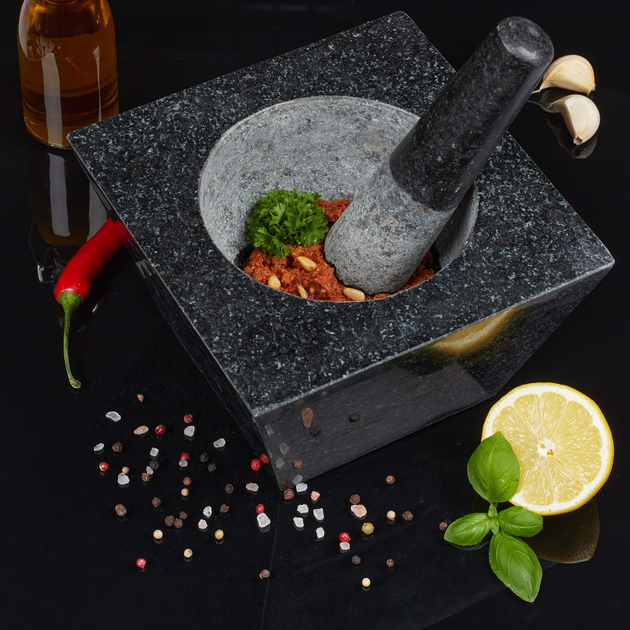 Relaxdays Mortier et pilon, XXL, granit, épices et herbes,750 ml,6,75 kg, mortier en pierre 12x19,5x19,5cm, noir