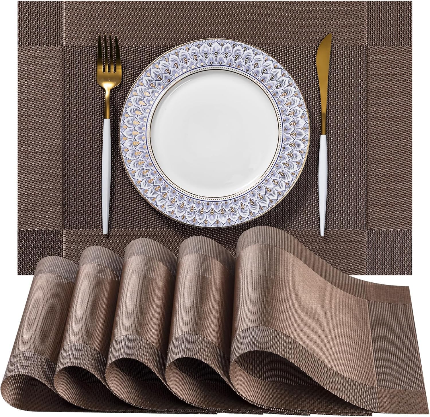 Table Mats Set of 6, Dining Table Mats 6 Pieces, Waterproof/HeatResistanat Placemats, 6 Pcs (Dark Brown)-image-42