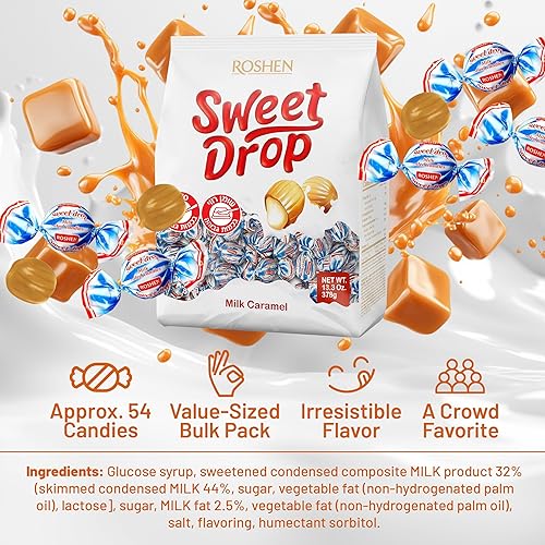 Miniatura 10 de Roshen Caramelo Dulce Gota con Relleno Lechoso, Deliciosos Dulces Sabrosos 378gr13.33oz Paquete de 2