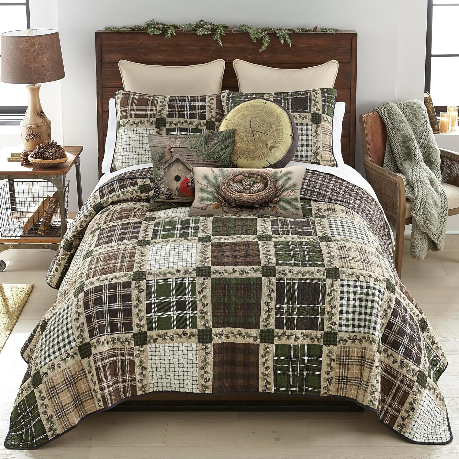 Donna Sharp Queen Bedding Set - 3 Piece - Pine Patch Cotton Patchwork Quilt and Two Standard Size Pillow Shams - Machine Washable - Perfect for Rustic Decor!