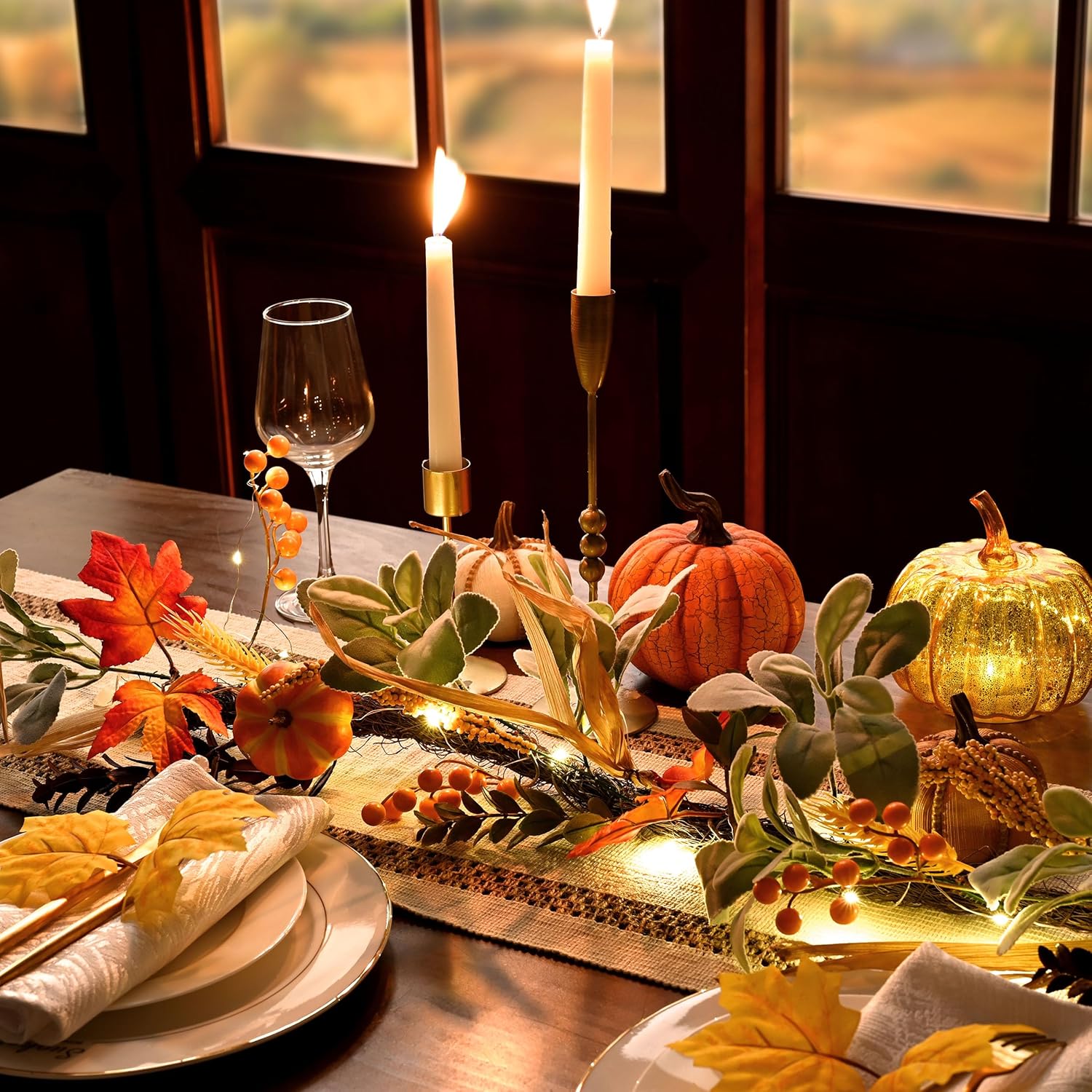 Valery Madelyn Fall Leaves Garlands for Mantle, 6ft Silk Lambs Ear Pumpkins Garland with Lights Maple Thanksgiving Table Centerpiece, Outdoor Fall Halloween Decorations for Autumn Home fireplace Decor