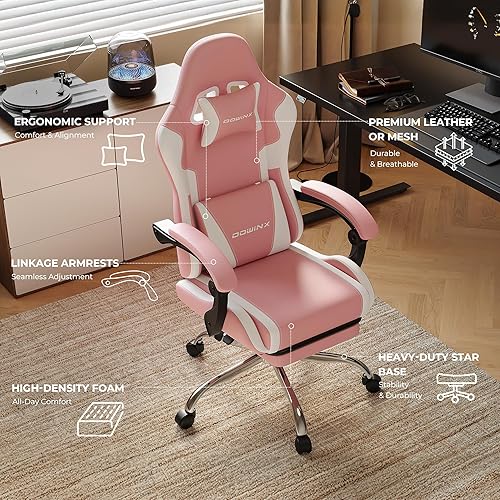Miniatura 4 de Silla de juegos rosa con reposapiés y soporte lumbar de masaje, silla ergonómica reclinable para computadora de 330 libras con altura ajustable y