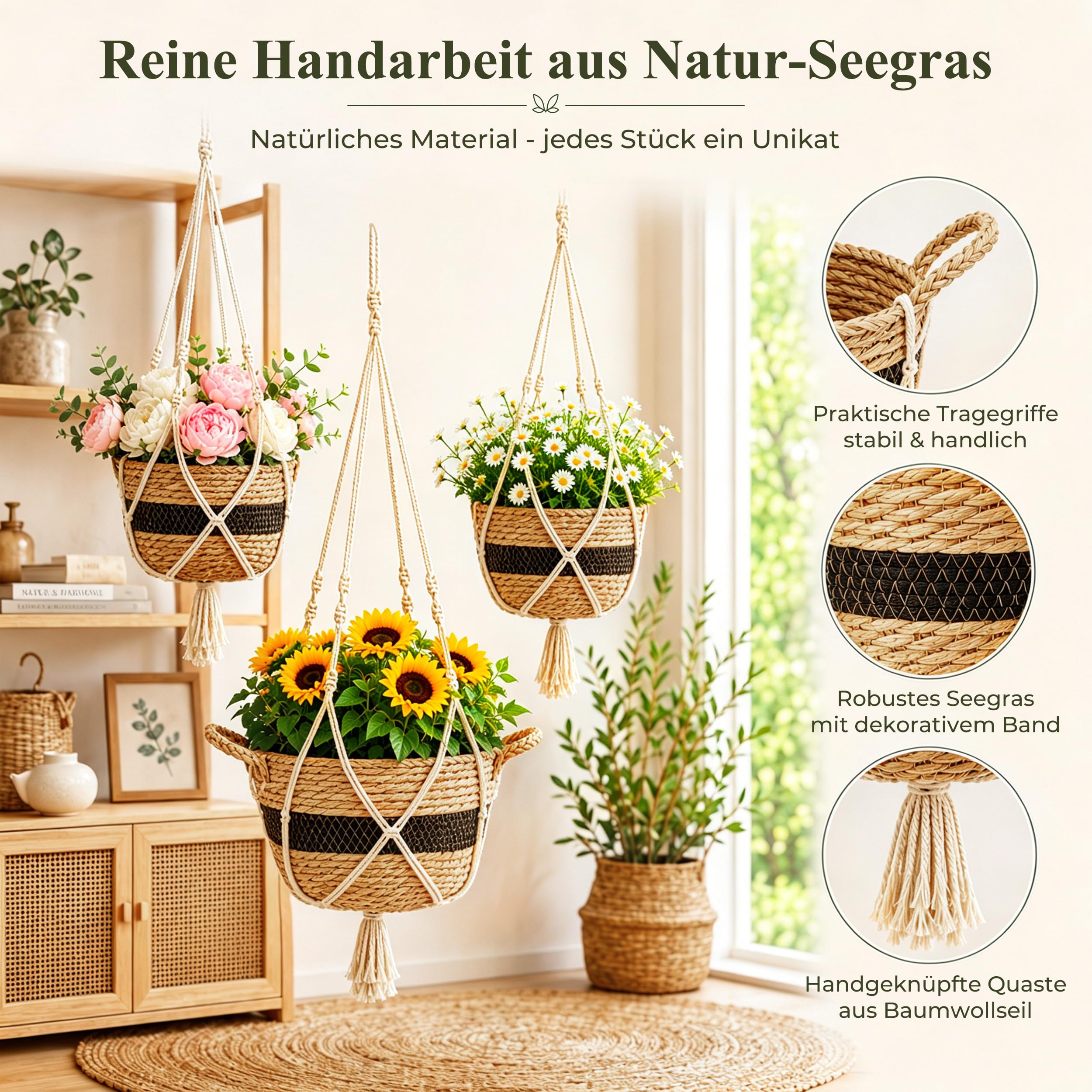 Lot de 3 pots de fleurs suspendus en jonc de mer - Matériau naturel tissé à la main - Panier de fleurs bohème avec corde en coton, crochet en métal et arroseur goutte à goutte - Pour intérieur