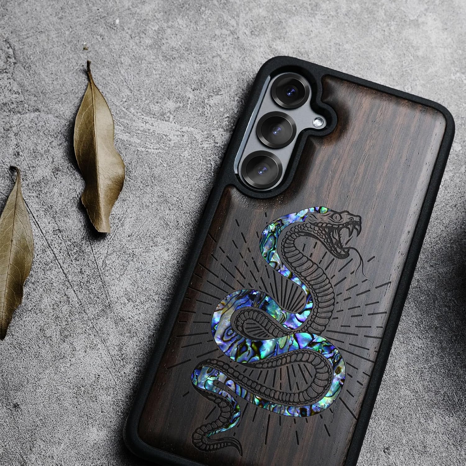 Carveit Magnetic Wooden Case for Galaxy S25+ / S25 Plus Case, Wood Artisan Engraved & Handmade Shell Inlaid, Compatible with MagSafe Wireless Chargers (Coiled Viper Art) Blackwood