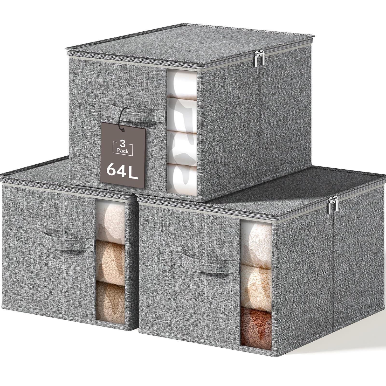 64L Clothes Storage Bins with Sturdy Frame, Foldable Clothing Organizer Box, Sweater Storage Cube with Lids and Zipper, Fabric Bedding Storage Bags for Blankets, Seasonal Clothes, Comforter