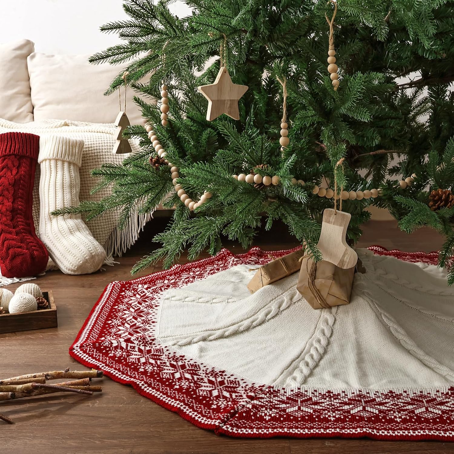 48 inch Christmas Tree Skirt: Cable Knit Tree Skirt with Red White Snowflake Polygon Edge, Tree Skirt for 7.5ft Tree, Vintage Tree Skirts, Rustic Farmhouse Christmas Decorations