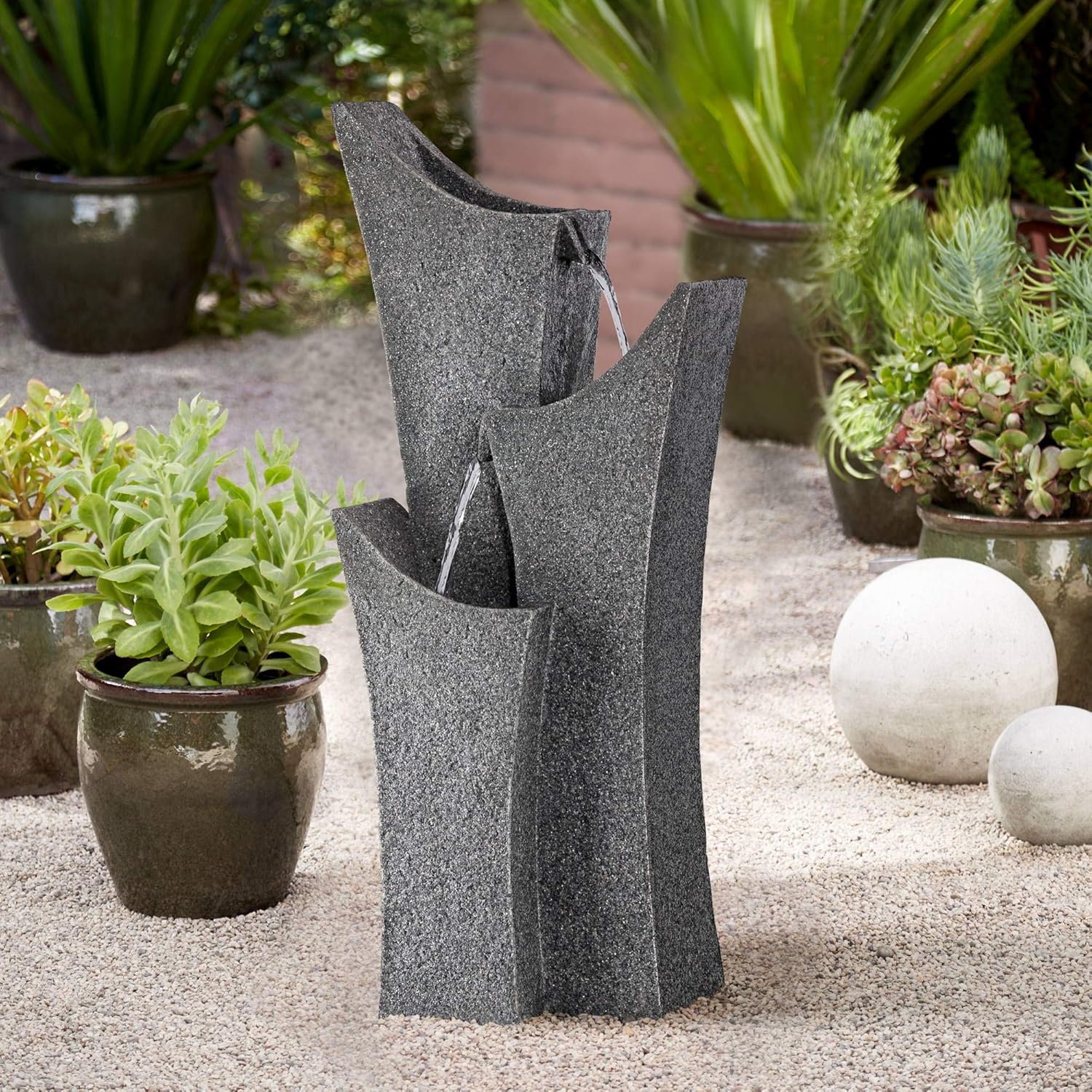 Exton 31" High Large Modern Zen Indoor Outdoor Decor Gray Faux Stone Floor Fountain Standing 3-Tier Water Feature for Outside Garden Patio Yard Backyard Porch Deck Relaxation Corner - John Timberland