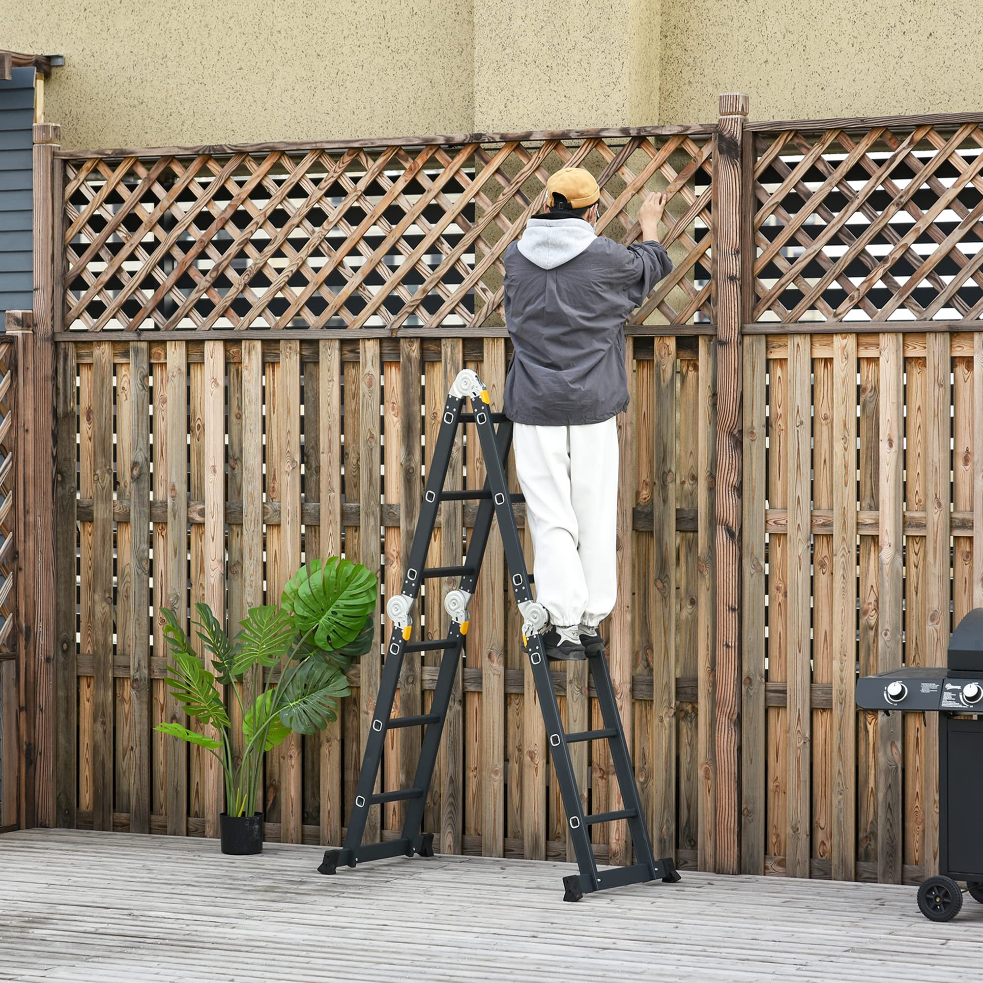 DURHAND Scala in Alluminio 5 in 1 Nera con 2 Pannelli di Sostegno, Scala Pieghevole per Interni ed Esterni, Carico Massimo 150kg, 370x61x11 cm
