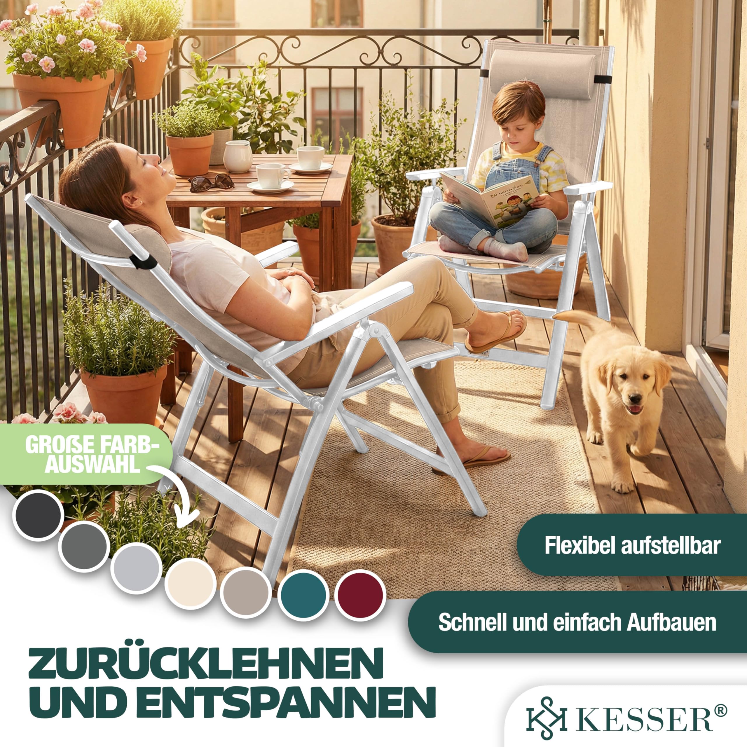 KESSER Sedia da giardino in alluminio pieghevole con cuscino e copertura, schienale regolabile 7 posizioni