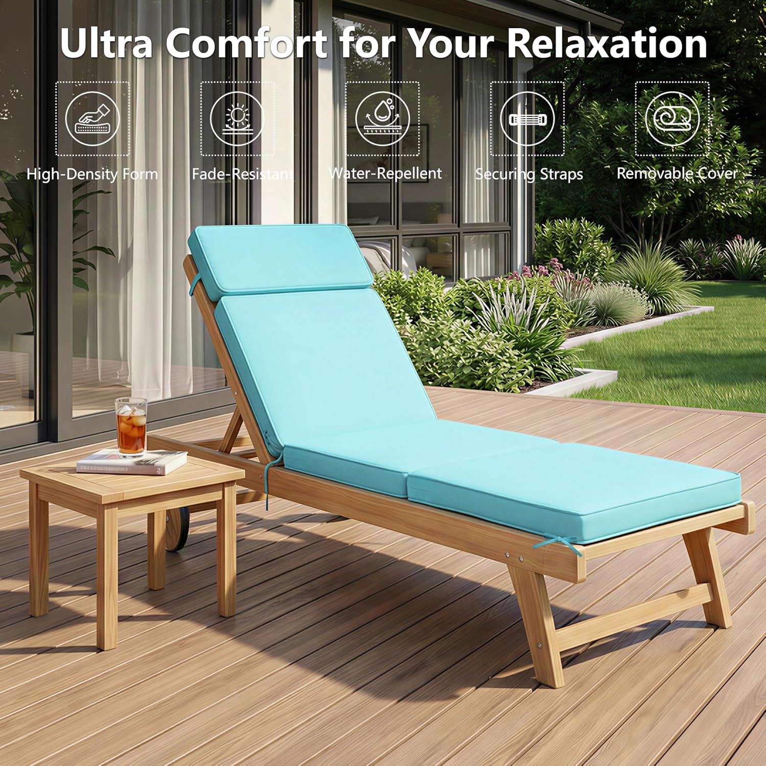 72 x 21 Inch Outdoor Chaise Lounge Cushion - Removable Cover, 4-Section Design, Water-Repellent & Fade-Resistant, 6 Tie Straps, Replacement for Patio & Pool Chairs - Light Blue thumbnail