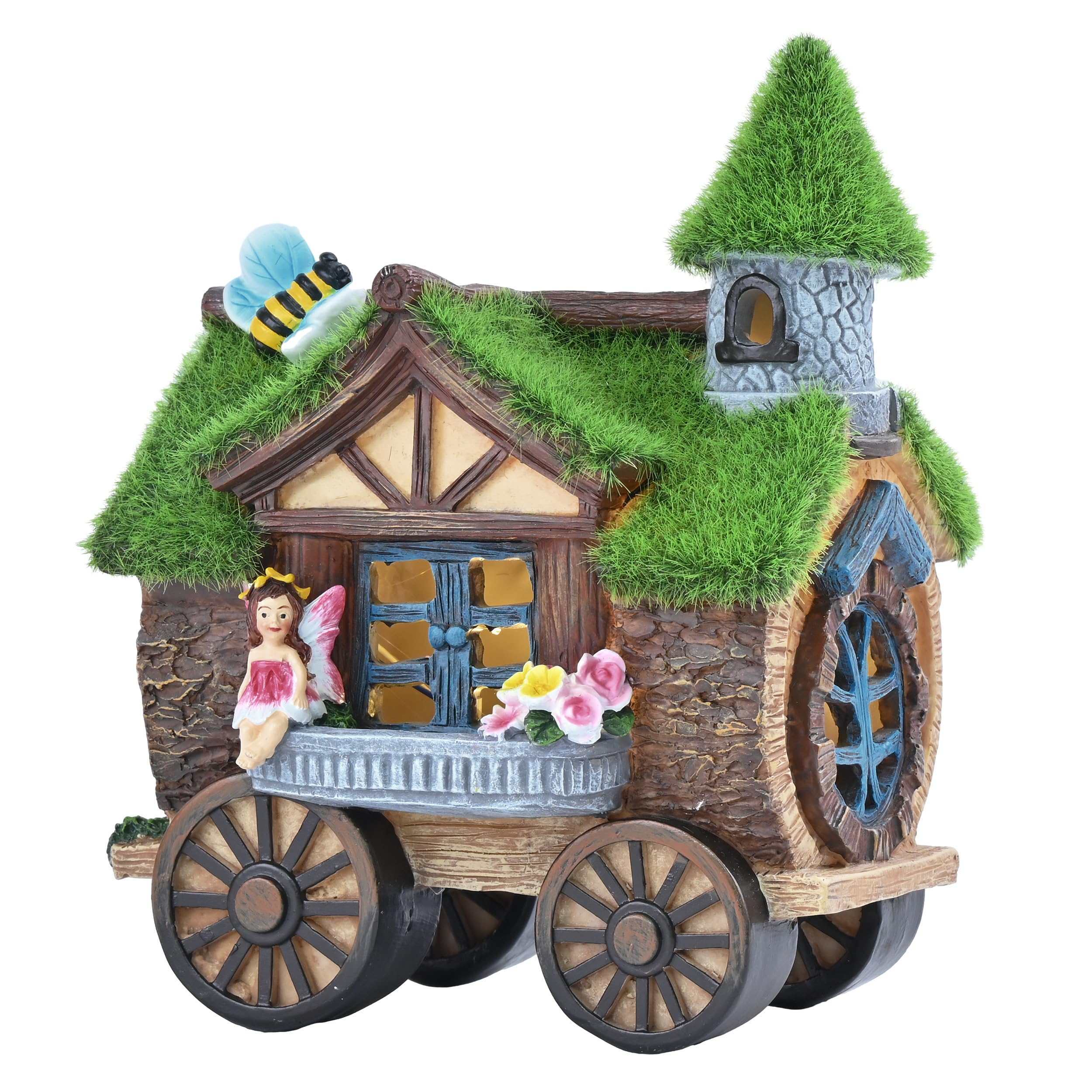 TERESA’S COLLECTIONS Ozdoba Ogrodowa 21cm, Wróżka z Oświetleniem LED Zasilanym Energią Słoneczną, Domek na Drzewie z żywicy z Efektem Zielonego Flokowanego Mchu, Rydwan i Wróżka do Dekoracji Wnętrz