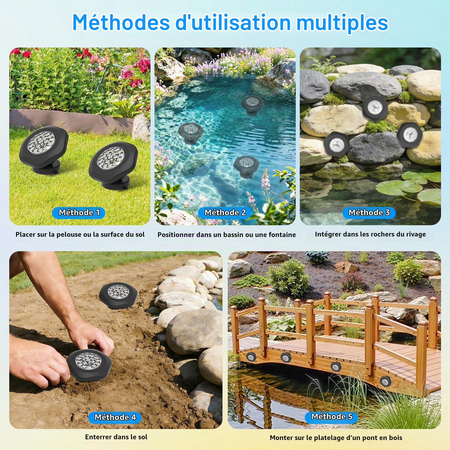 NATPOW Lumières LED Submersible RGB, Projecteurs Lampe spot avec Bluetooth APP Contrôle, IP68 Etanches Eclairage Multicolores pour Aquarium, Jardin, Cour, Piscine, Fontaine 4-en-1
