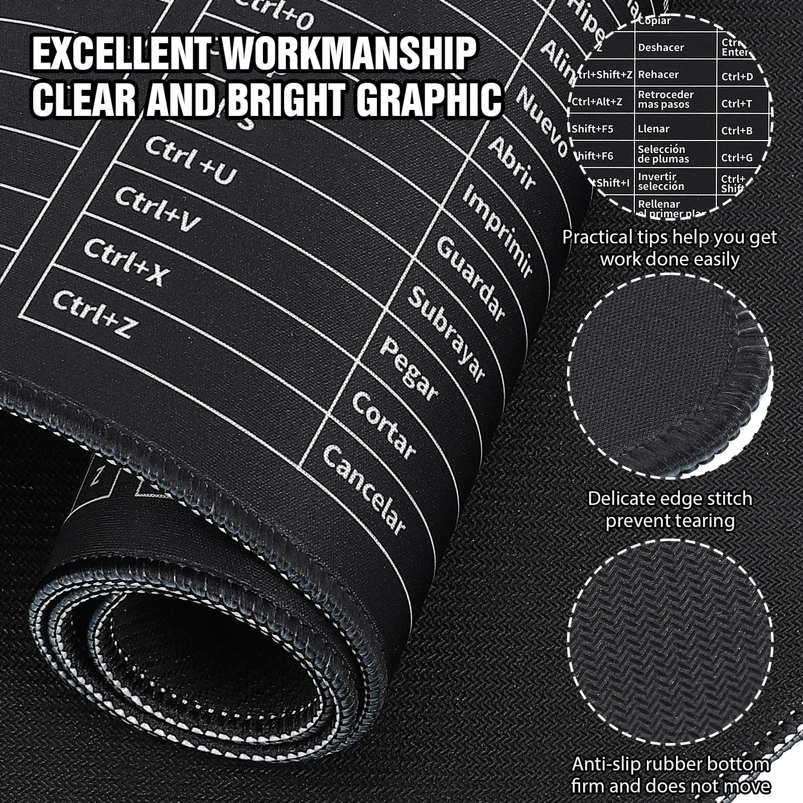 MERRYHAPY Tappetino Mouse Tastiera Antiscivolo Scorciatoie Excel in Spagnolo 300X800X3Mm per Arredamento Scrivania e Uso Ufficio per Impiegati e Appassionati di Giochi
