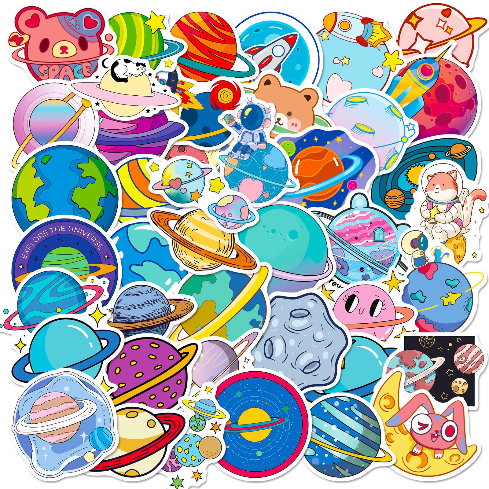 Juego de 50 pegatinas de aventura espacial | Estrellas, planetas y sistema solar | Impermeables para portátil, monopatín, equipaje, bicicleta, botella de agua y más | para niños y niños creativos