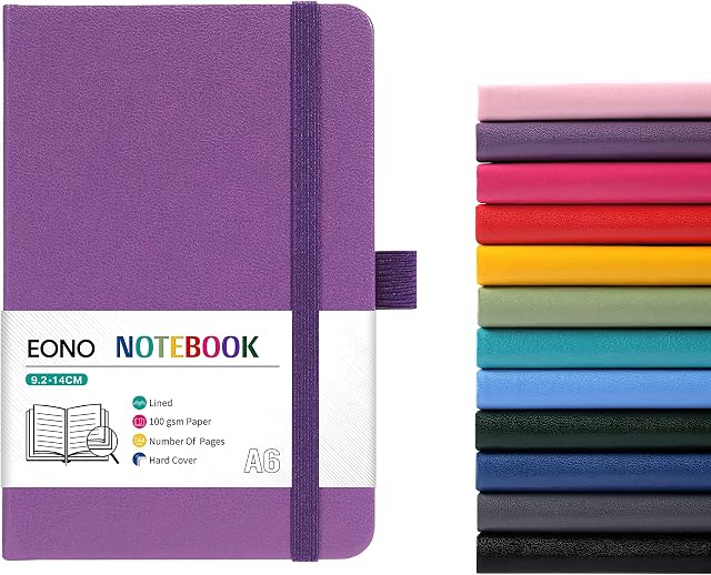 Amazon Brand - Eono Notebook A6, Notebook A6 with Premium Paper, Faux Leather Classic Writing A6 Notebook Journal, 5.7" X 3.8", Hardcover, Purple