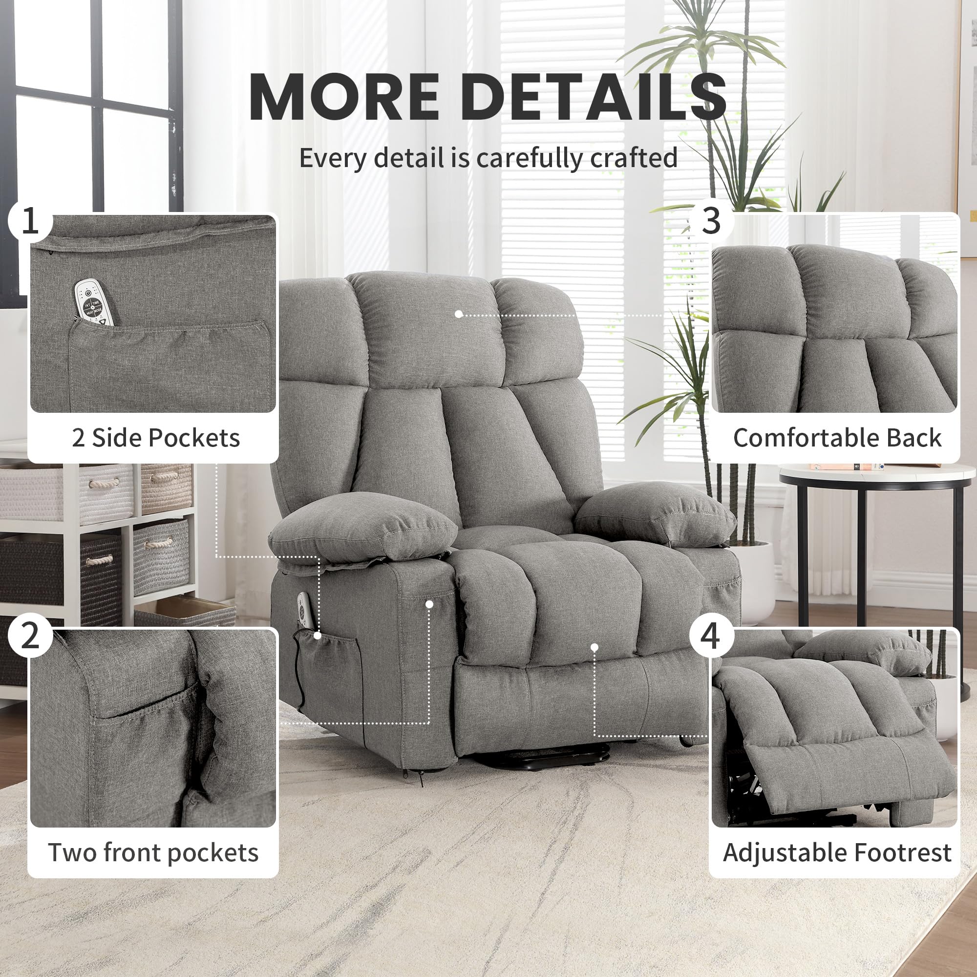Detailed features of the jonpony recliner chair, including side pockets, front pockets, comfortable back, and adjustable footrest.