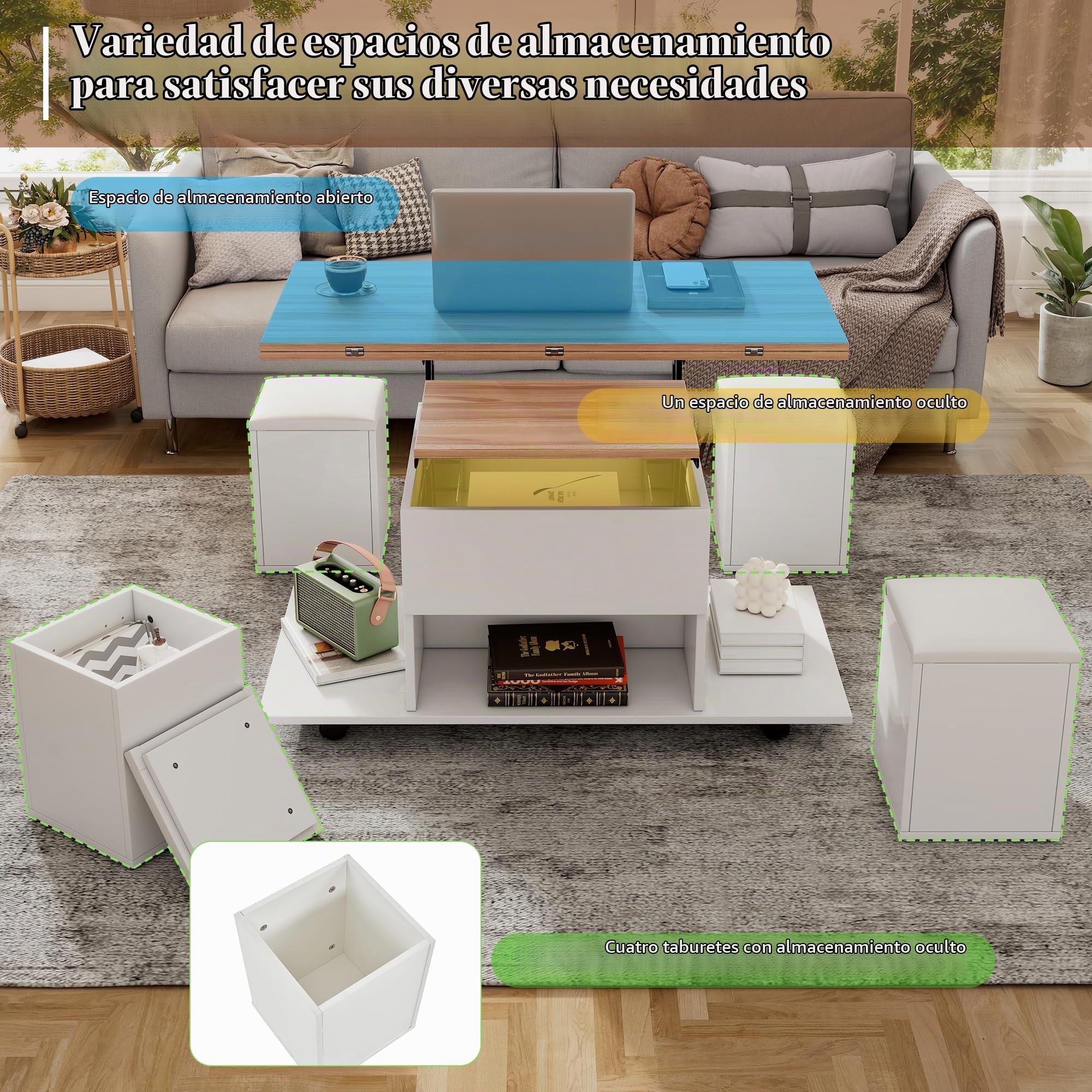 Mesa de Centro Elevable, Mesita con Tablero Plegable y 4 Taburetes