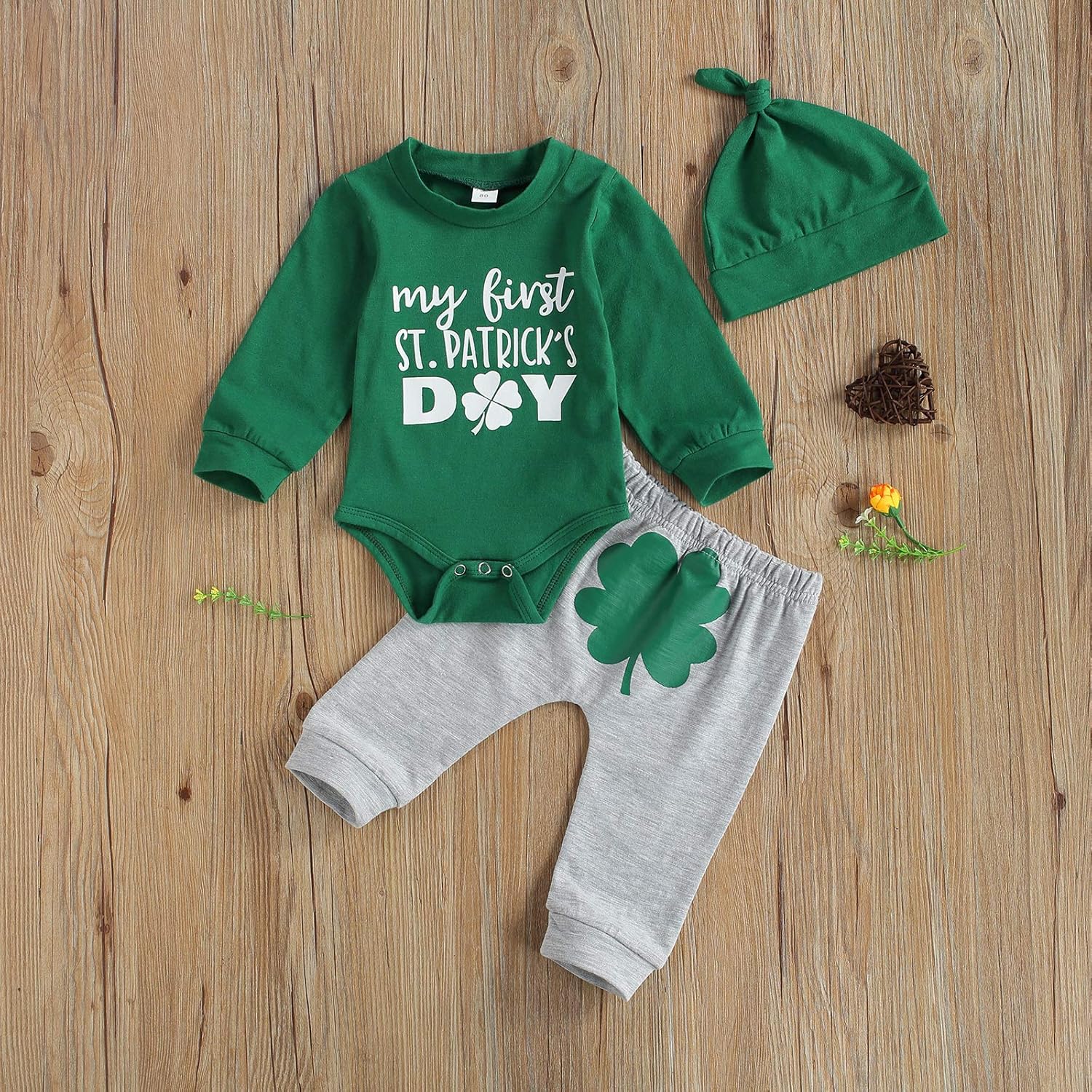 Newborn Baby Boys My First St. Patrick's Day Outfits Green Long Sleeve Romper Clover Print Trousers Hat 3Pcs Set - Image 7