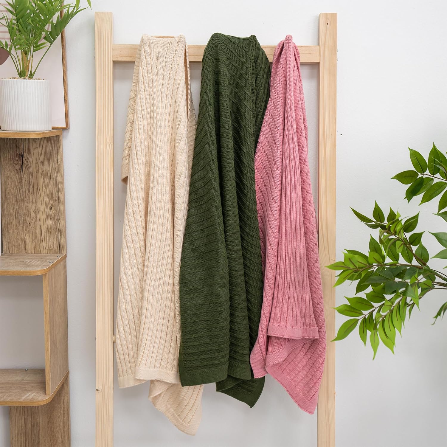 Baby Knit Blanket, 100% Cotton Ribble Patterns, Soft, Cozy, Lightweight Swaddle for Newborn & Infant Swaddling Beige Neutral, Perfect Baby Shower Ideas Beige 30x30