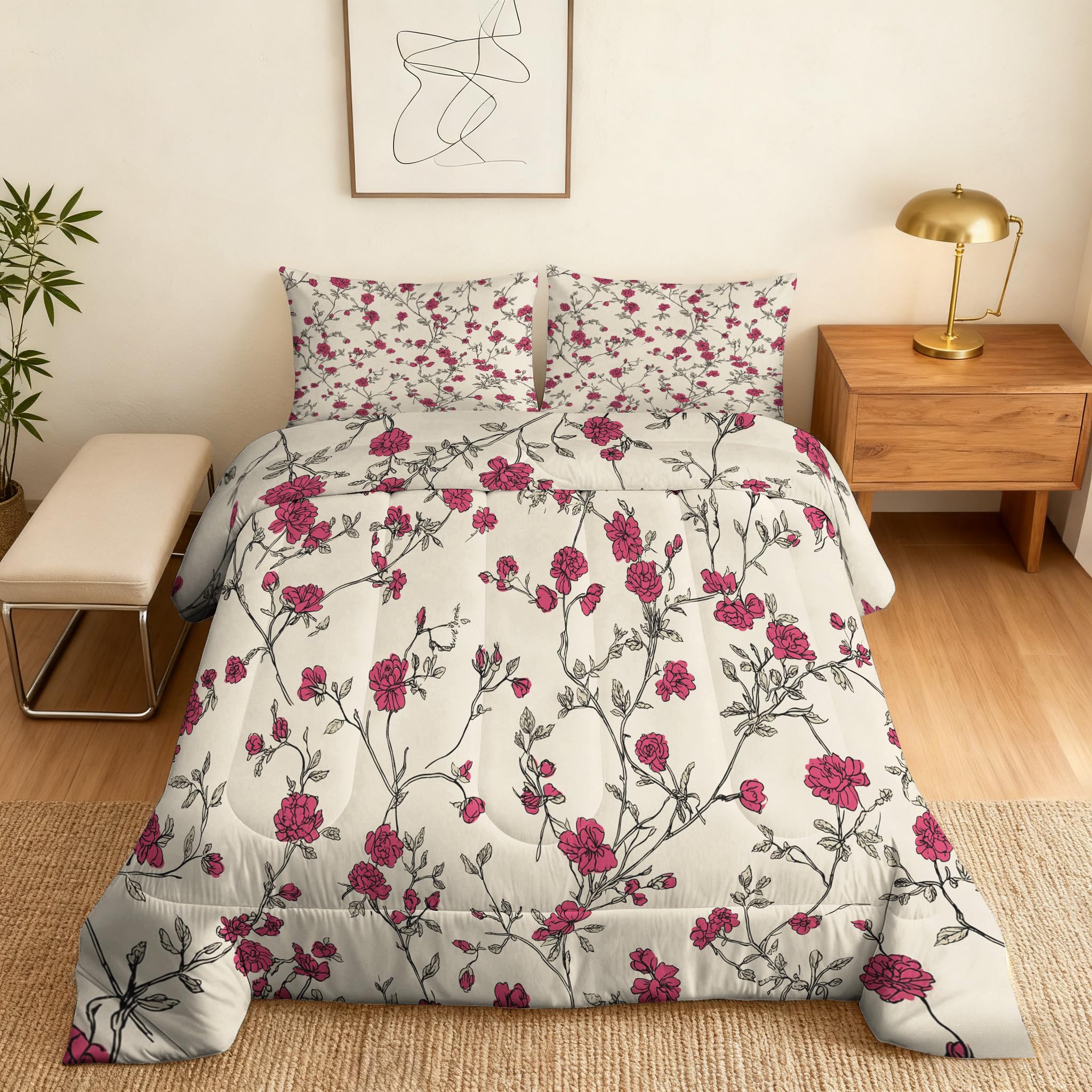 Coverless Duvet Double Pink Floral Pattern, Bedroom Decor, Gift, Leaf Flower Bedding Comforter Set 3 Piece, 2 Pillowcases, Soft All Season Quilt 10.5 Tog - S&E495