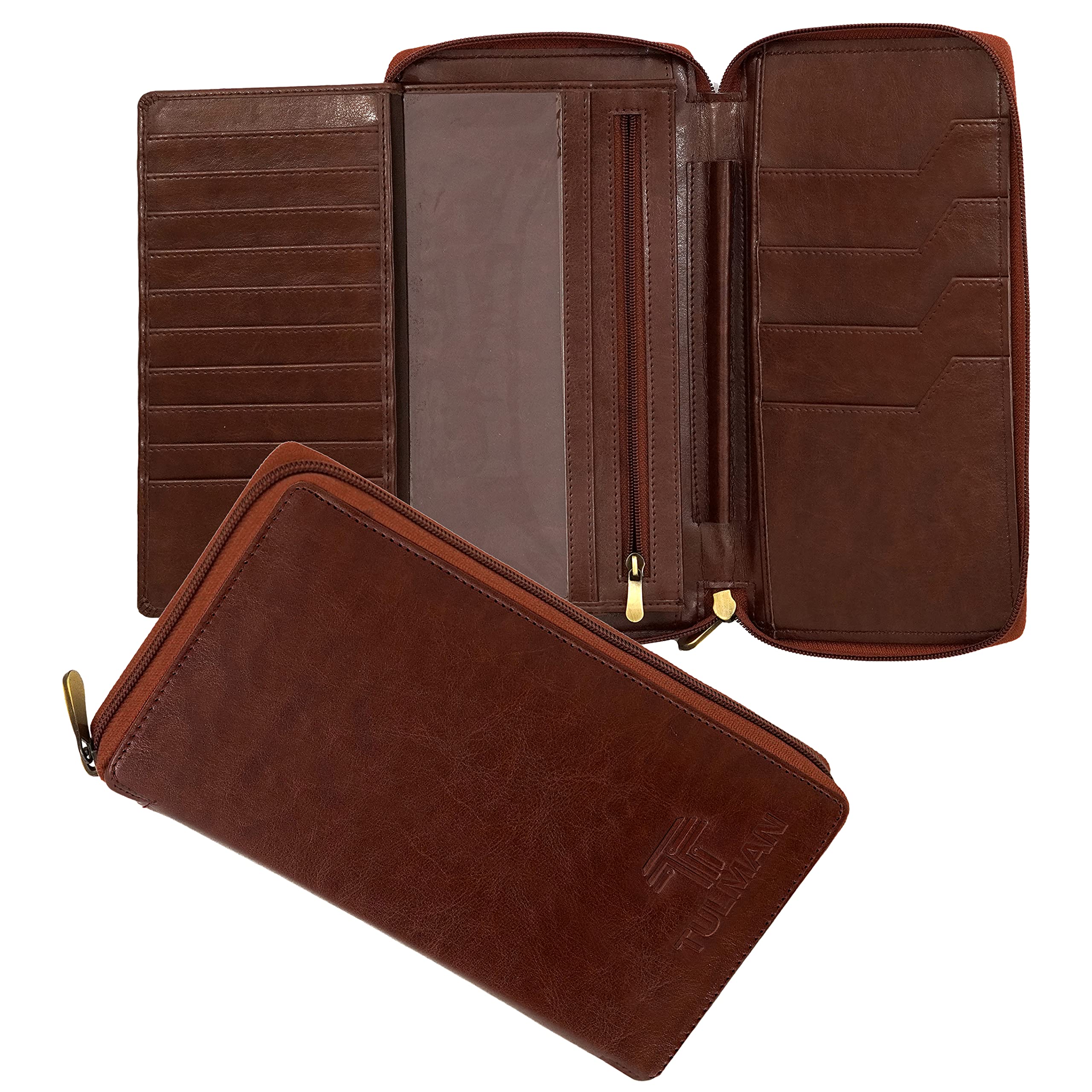 TULMANPU Leather Passport Holder Multipurpose Travel Wallet for Air Ticket Credit Debit Visiting Cards Cheque Book Holder for Men & Women - 12 x 22.5 x 2 CM - Brown