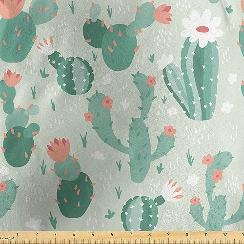 Ambesonne Cactus Spring Flower Fabric by The Yard, Botanical Art of Soft Tone Elements Strokes Grass, Decorative Satin Fabric for Home Textiles and
