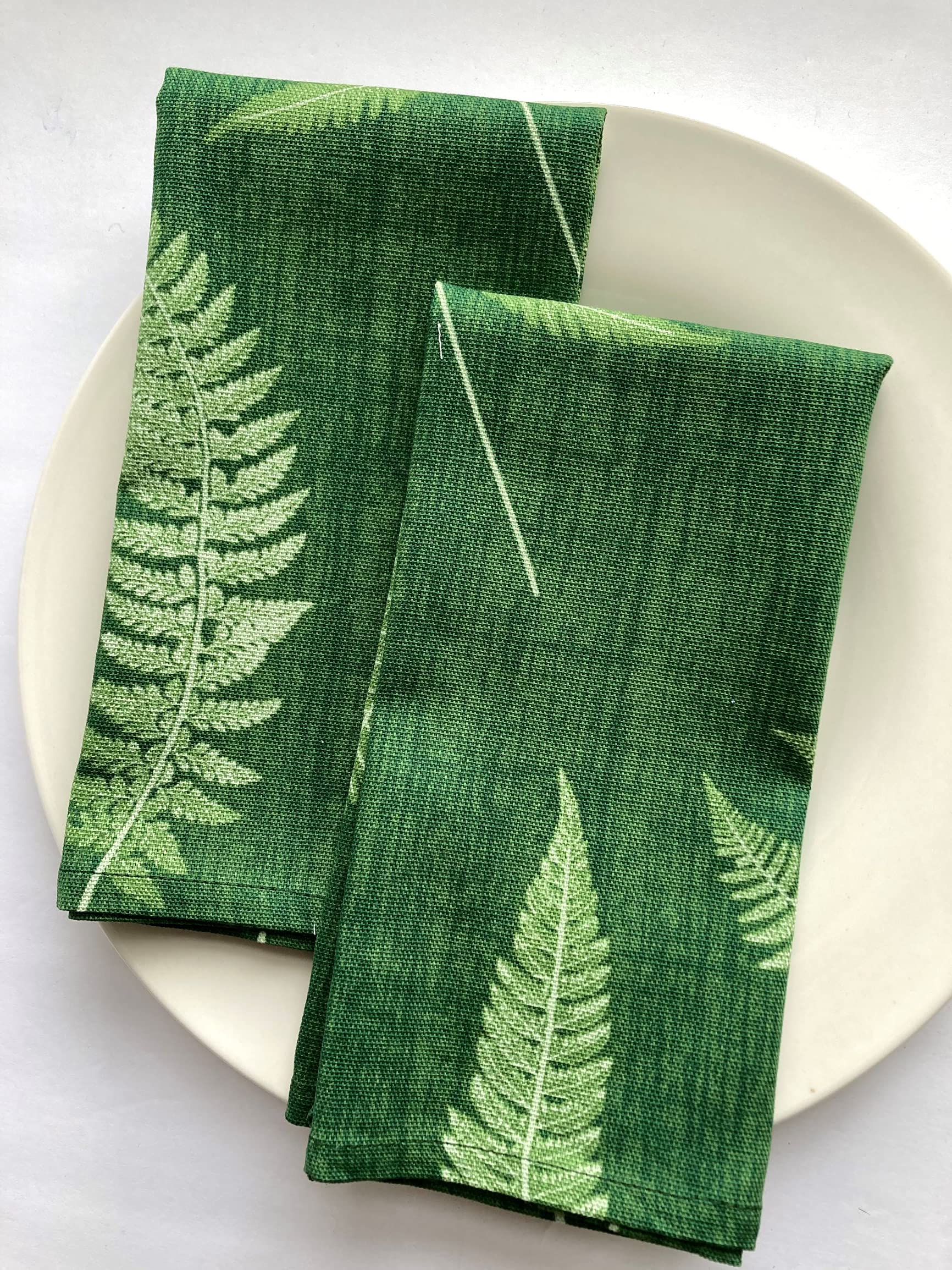 Fern Set of 4 Leaf Print Napkins - 17 inches square - 100% Cotton Duck Canvas Fabric - Casual Nature Green - Hemmed - Homemade in Texas (17, Standard)