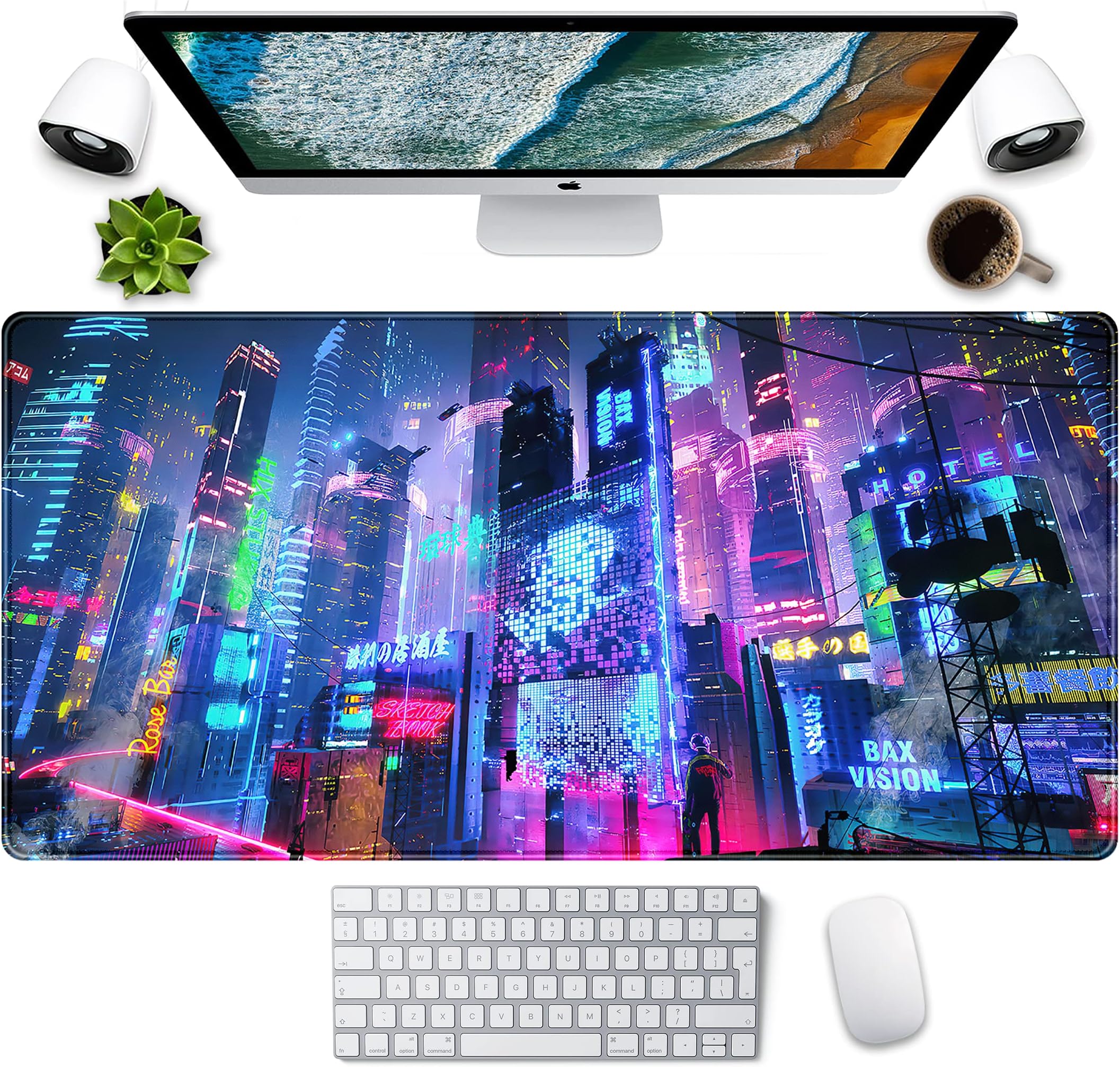 Japanese Street Desk Mat Futuristic Neon City Print Mouse Pad, Exclusive Desk Mats, XXL Large Gaming Mousepad 31.5"x15.75", Office Decor for Women Girls Keyboard Mat Laptop Computer Mat