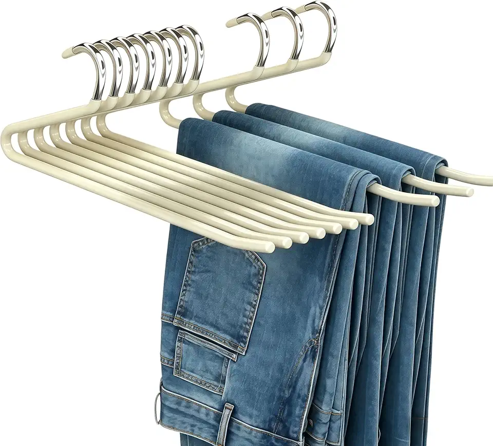 Pacote com 10 cabides de calças abertas para jeans, resistentes e antiderrapantes para armário, cabides folgados, economia de espaço, cabide de calça de metal, bege